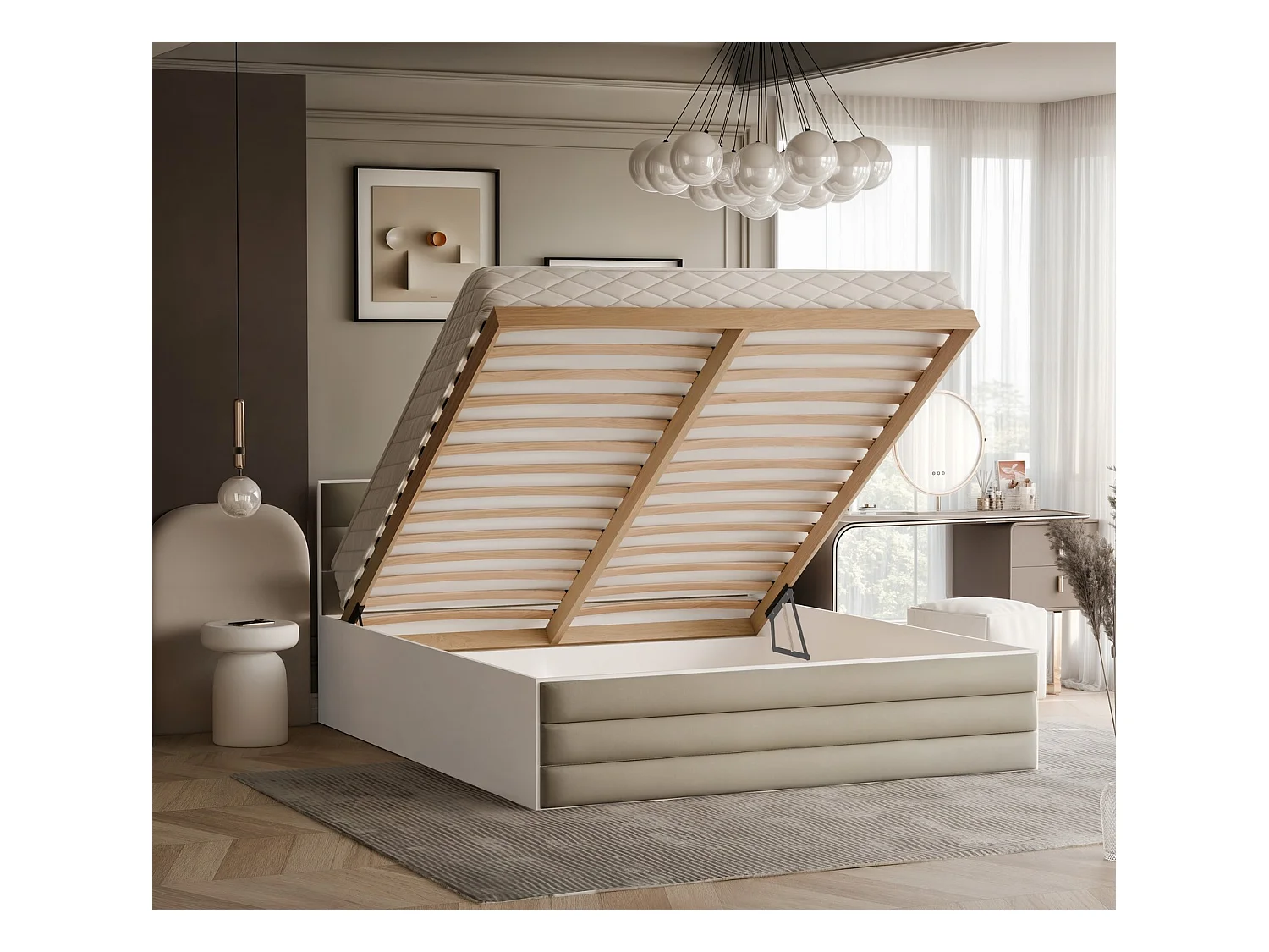Lit tapissé VANTAGE avec coffre de rangement pour la literie | 160x200 Beige