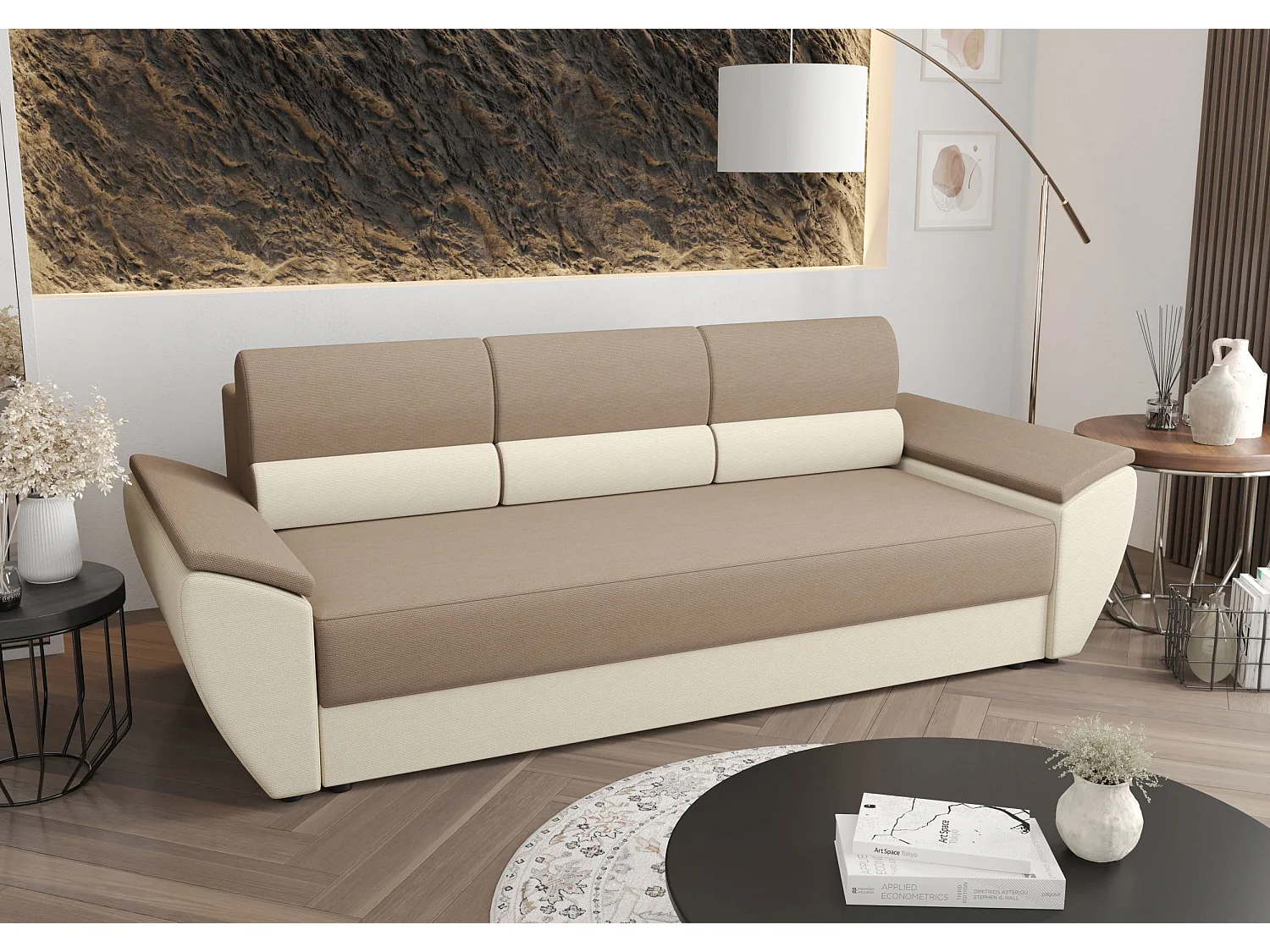 BEDANTE CANAPÉ REBI BIS avec fonction lit RAINBOW 05+16 Beige/Crème avec espace de rangement, coffre de lit, canapé de salon, sofa, canapé-lit, canapé avec coffre