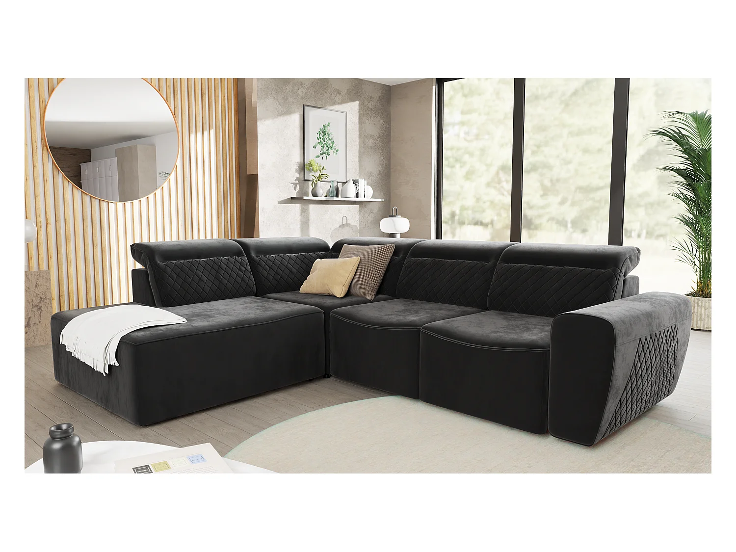 Canapé d’angle moderne avec fonction lit et coffre de rangement, en tissu velours noir, et des appuie-têtes réglables Hilda