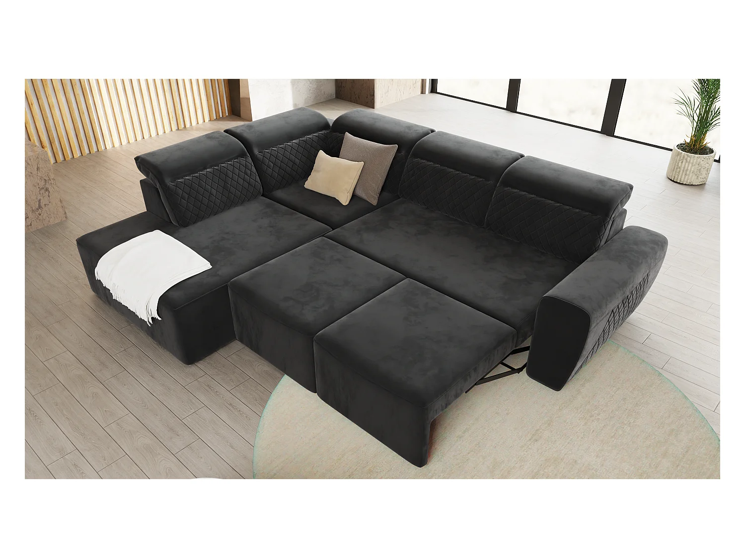 Canapé d’angle moderne avec fonction lit et coffre de rangement, en tissu velours noir, et des appuie-têtes réglables Hilda