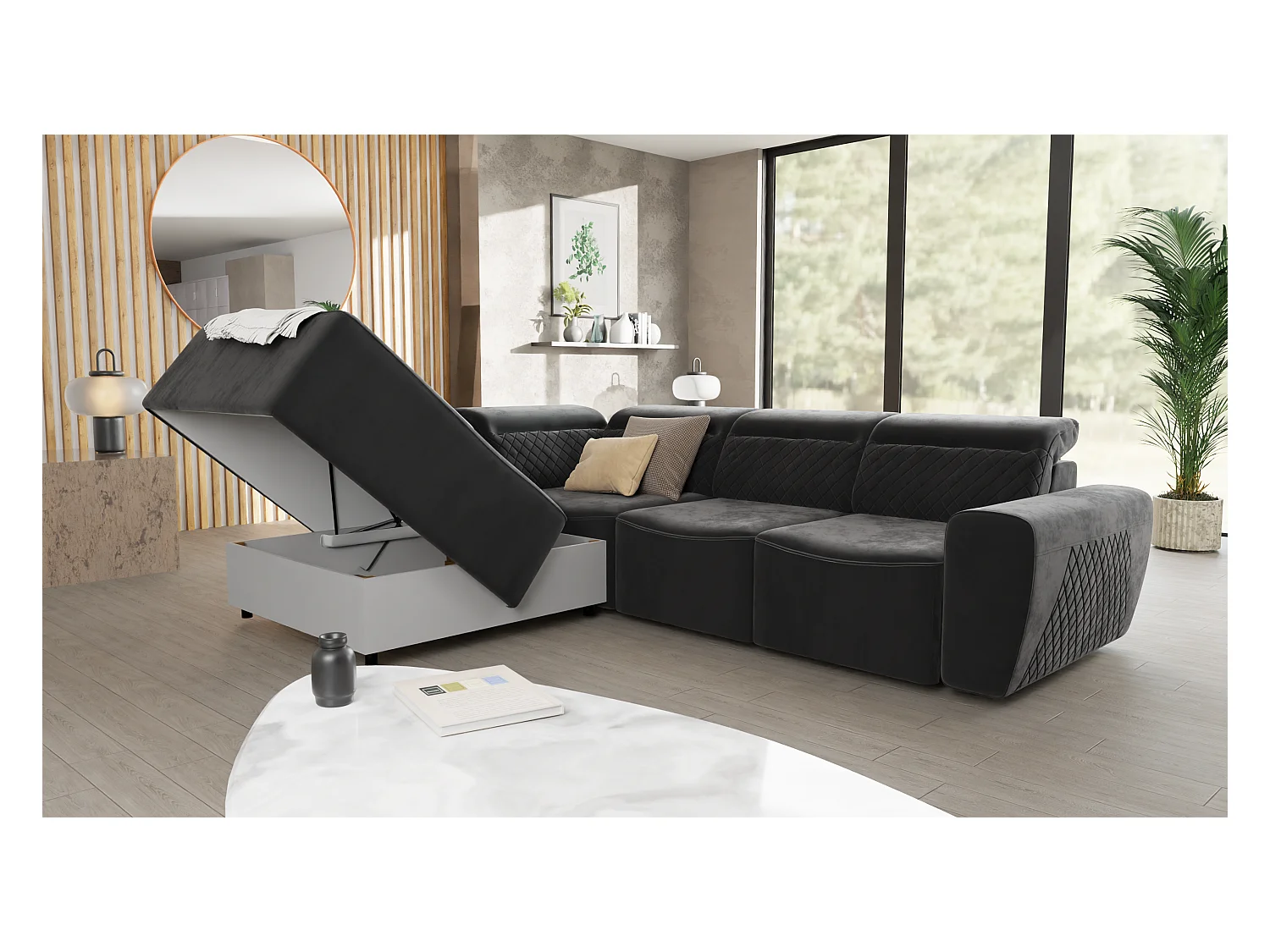 Canapé d’angle moderne avec fonction lit et coffre de rangement, en tissu velours noir, et des appuie-têtes réglables Hilda