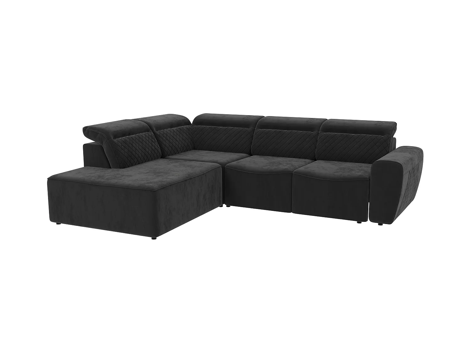 Canapé d’angle moderne avec fonction lit et coffre de rangement, en tissu velours noir, et des appuie-têtes réglables Hilda