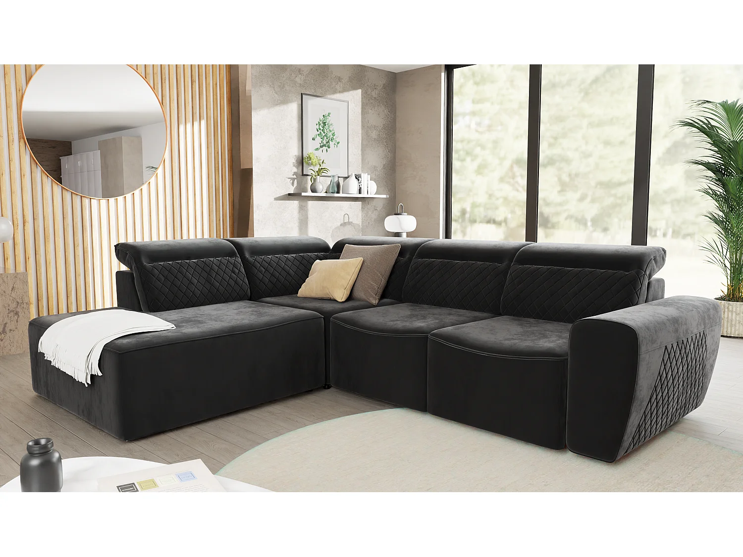 Canapé d’angle moderne avec fonction lit et coffre de rangement, en tissu velours noir, et des appuie-têtes réglables Hilda