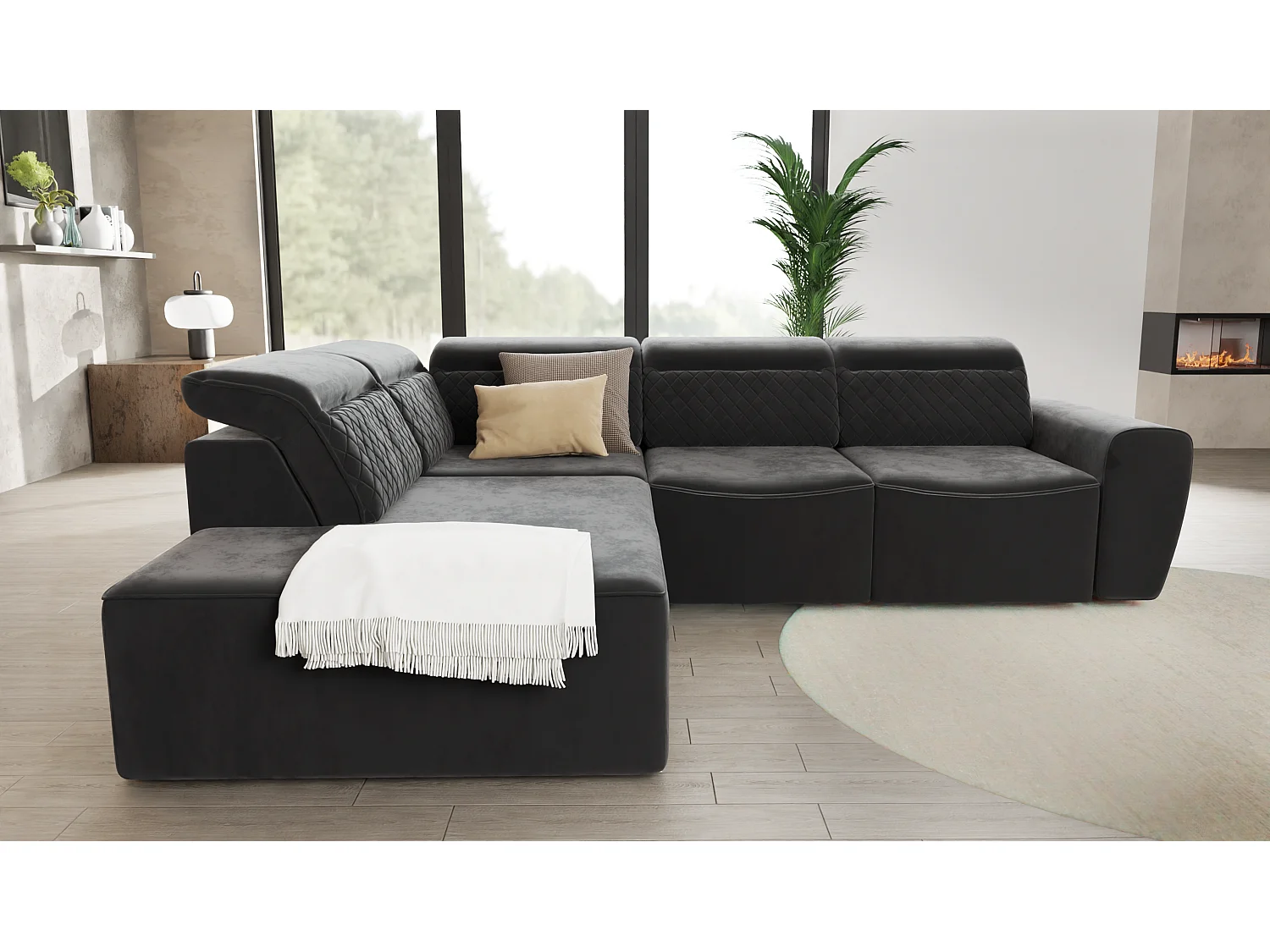 Canapé d’angle moderne avec fonction lit et coffre de rangement, en tissu velours noir, et des appuie-têtes réglables Hilda