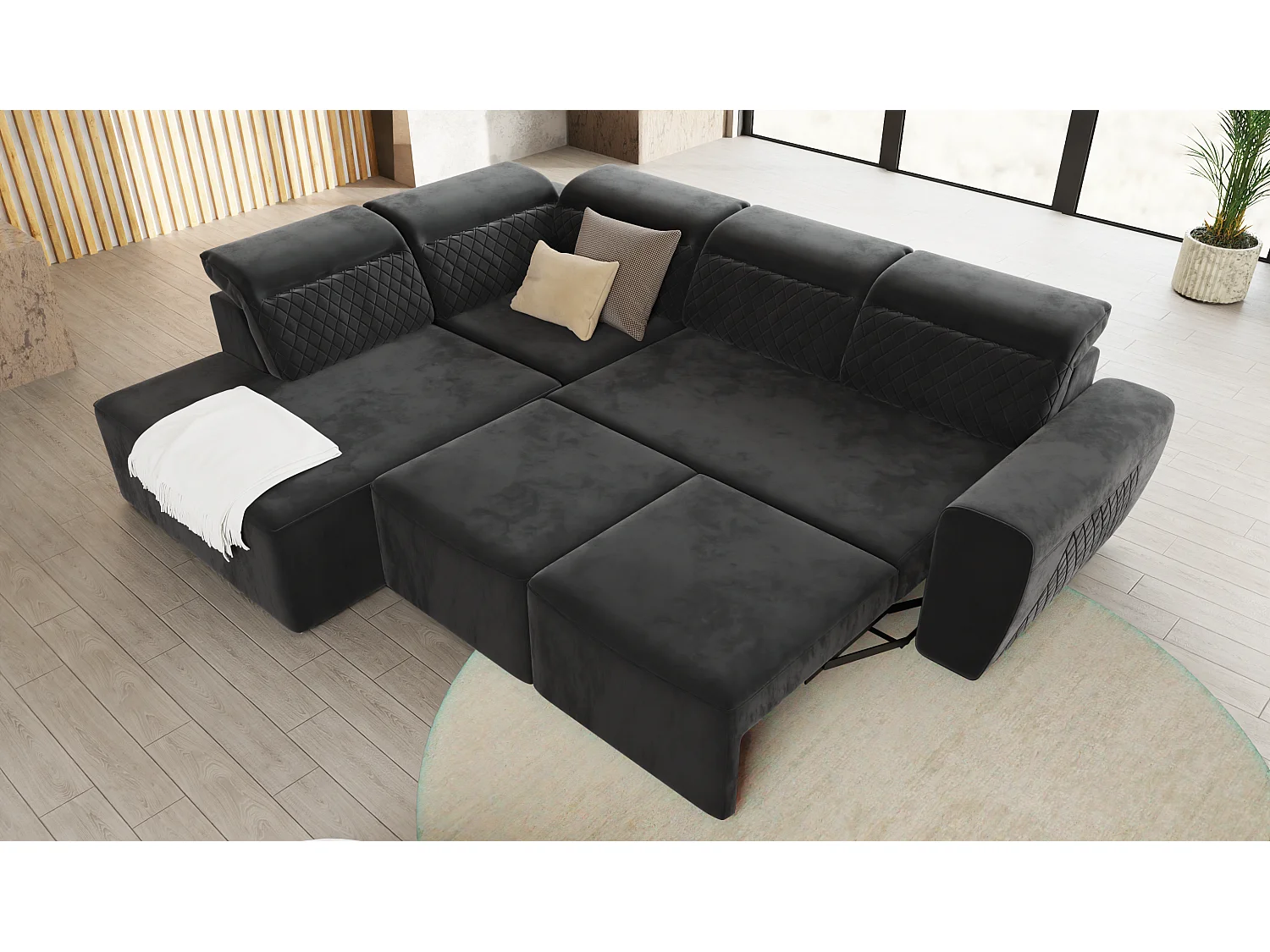 Canapé d’angle moderne avec fonction lit et coffre de rangement, en tissu velours noir, et des appuie-têtes réglables Hilda