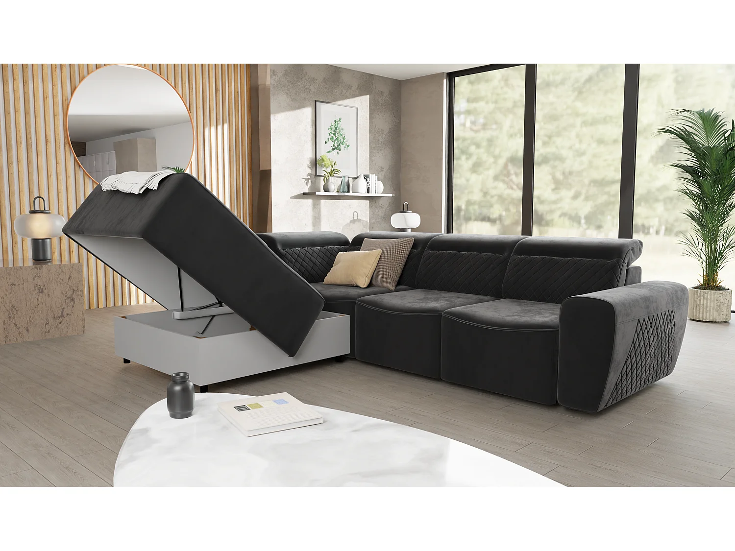 Canapé d’angle moderne avec fonction lit et coffre de rangement, en tissu velours noir, et des appuie-têtes réglables Hilda