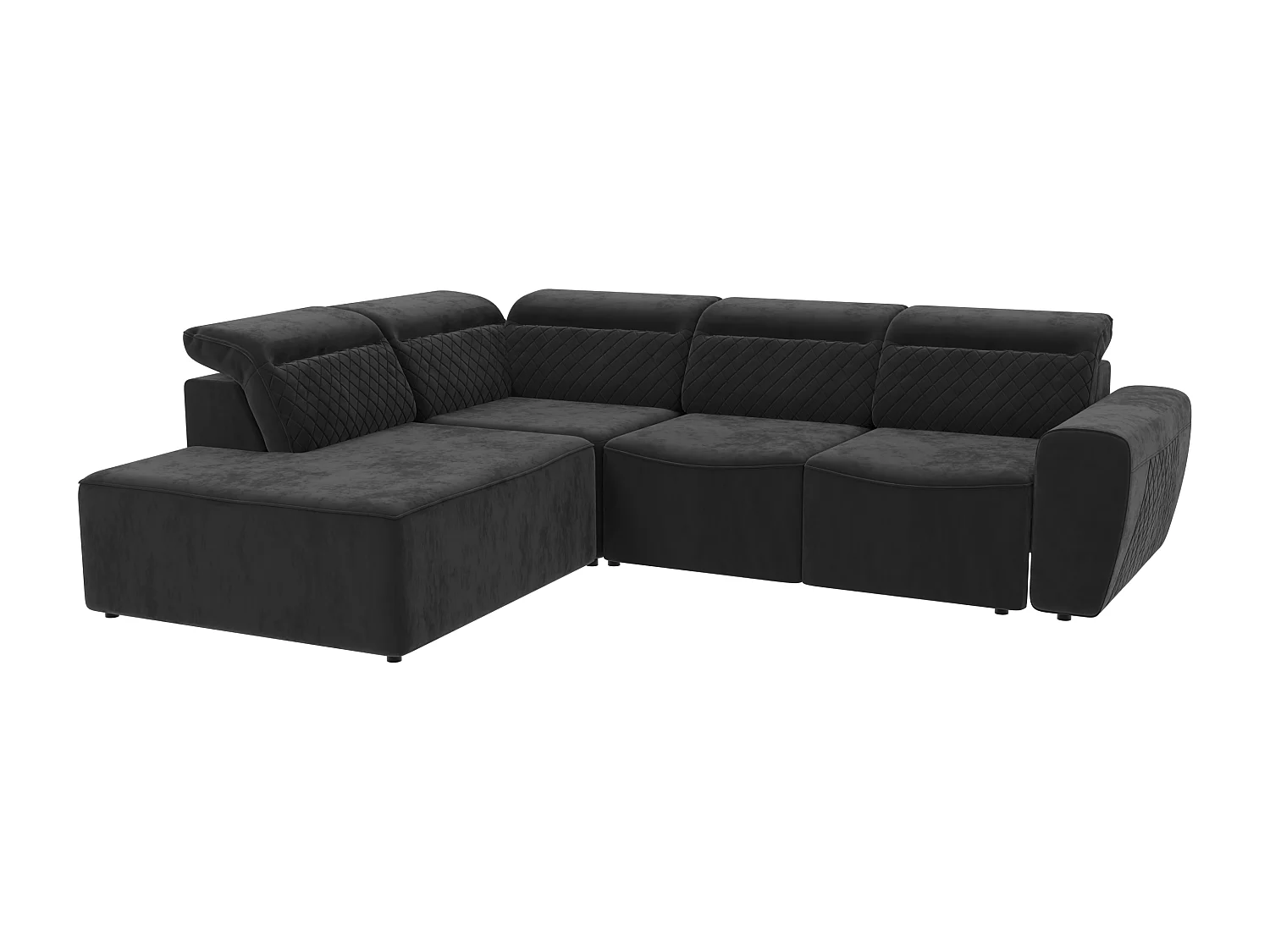 Canapé d’angle moderne avec fonction lit et coffre de rangement, en tissu velours noir, et des appuie-têtes réglables Hilda