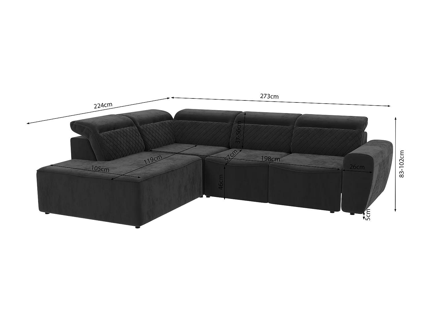 Canapé d’angle moderne avec fonction lit et coffre de rangement, en tissu velours noir, et des appuie-têtes réglables Hilda