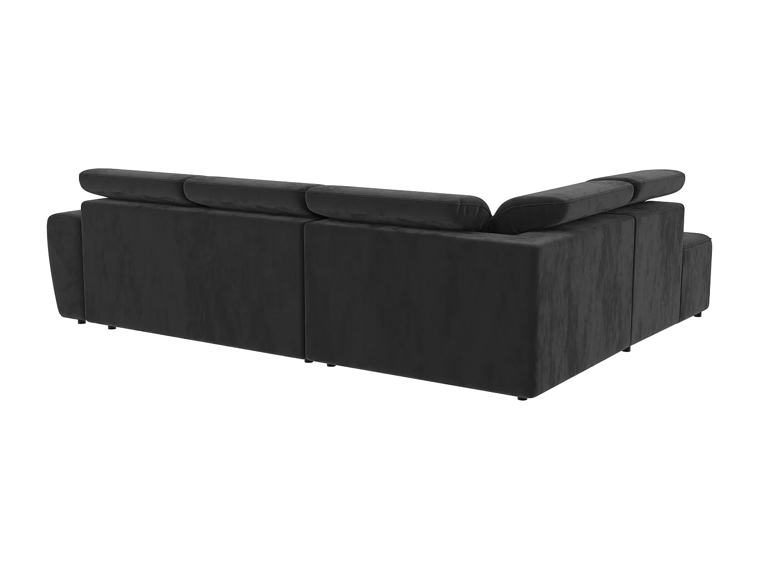 Canapé d’angle moderne avec fonction lit et coffre de rangement, en tissu velours noir, et des appuie-têtes réglables Hilda