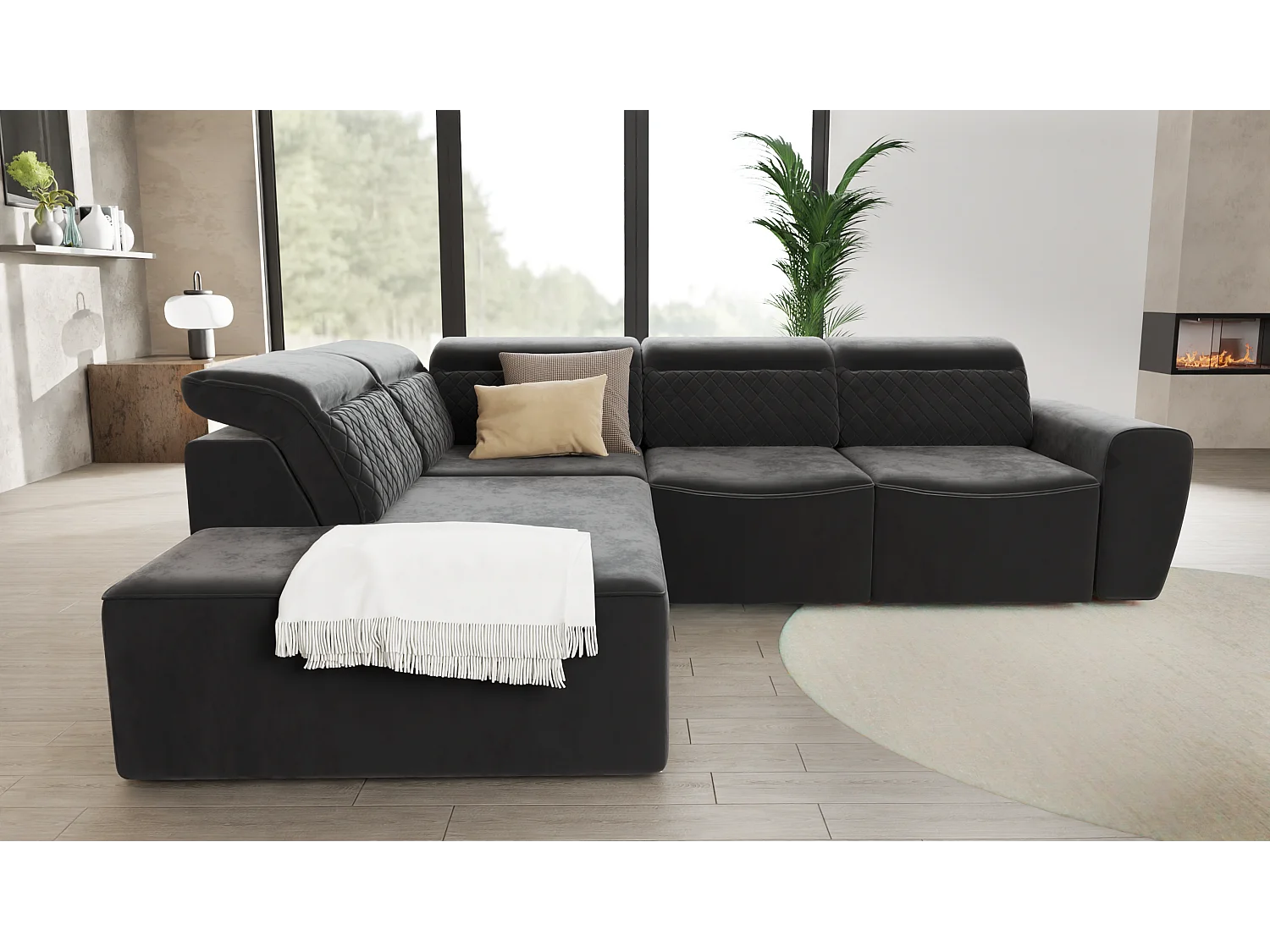 Canapé d’angle moderne avec fonction lit et coffre de rangement, en tissu velours noir, et des appuie-têtes réglables Hilda