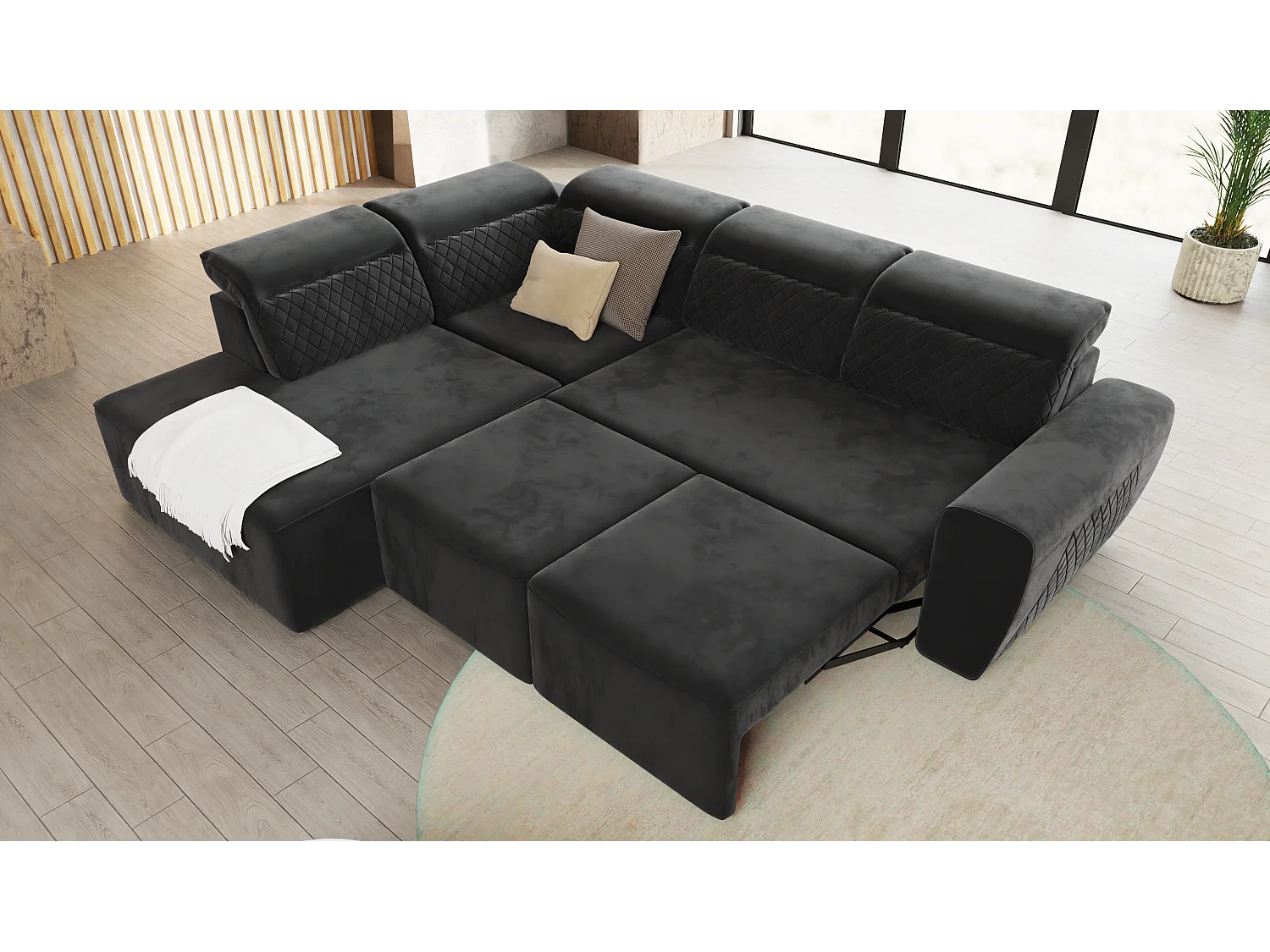 Canapé d’angle moderne avec fonction lit et coffre de rangement, en tissu velours noir, et des appuie-têtes réglables Hilda