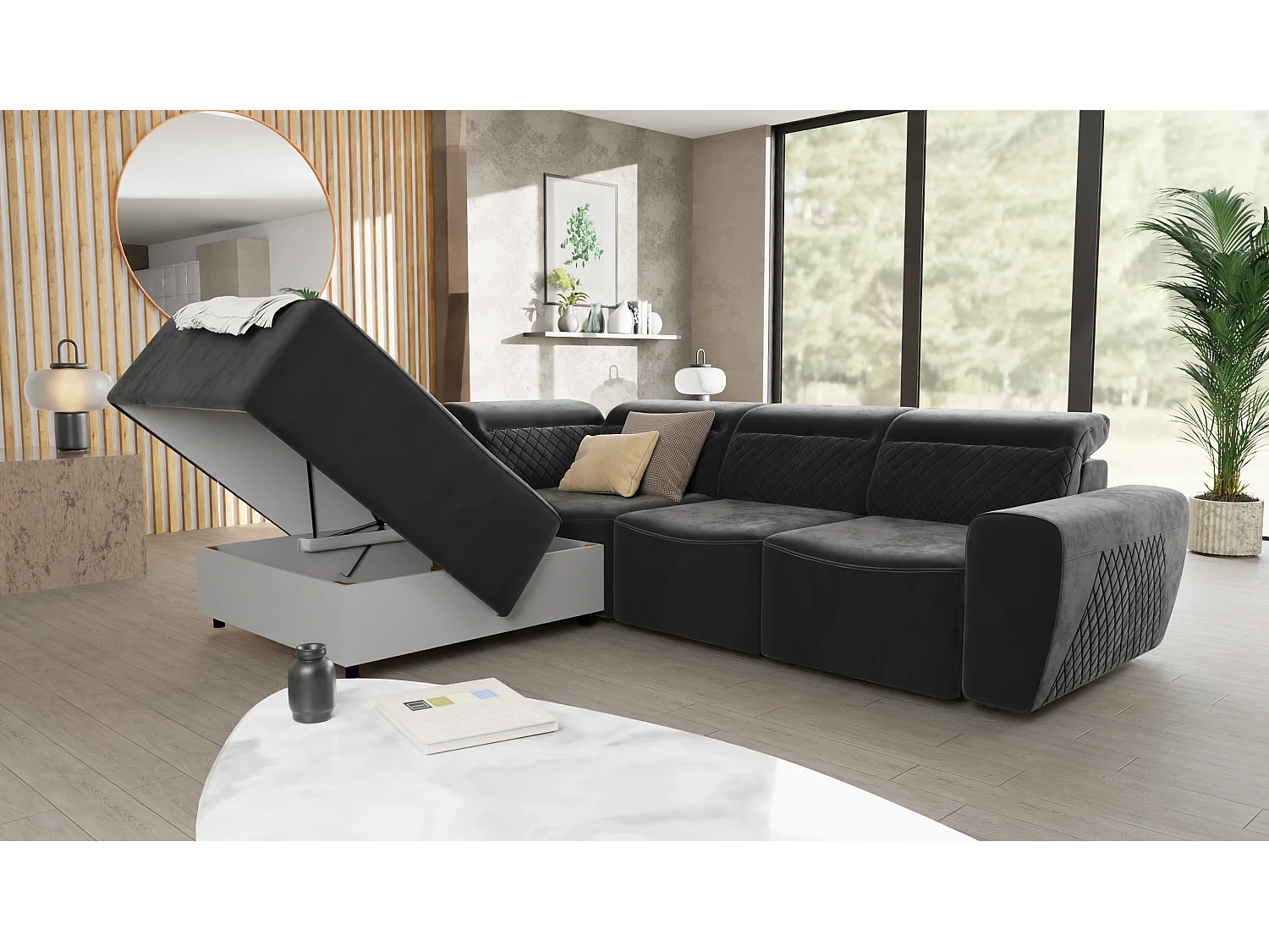 Canapé d’angle moderne avec fonction lit et coffre de rangement, en tissu velours noir, et des appuie-têtes réglables Hilda