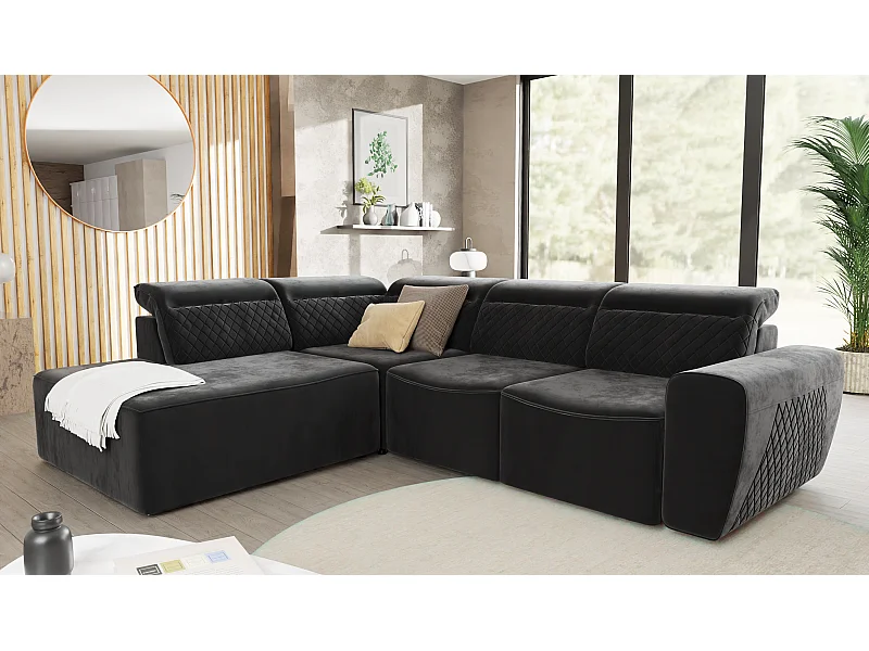 Canapé d’angle moderne avec fonction lit et coffre de rangement, en tissu velours noir, et des appuie-têtes réglables Hilda