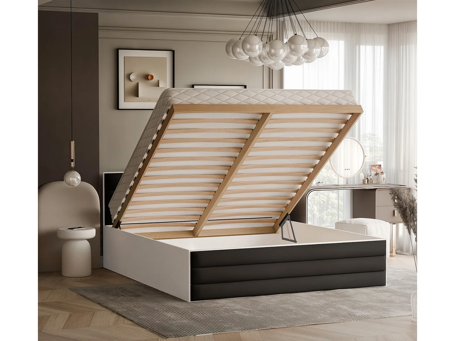 Lit tapissé VANTAGE avec coffre de rangement pour la literie | 140x200 Noir