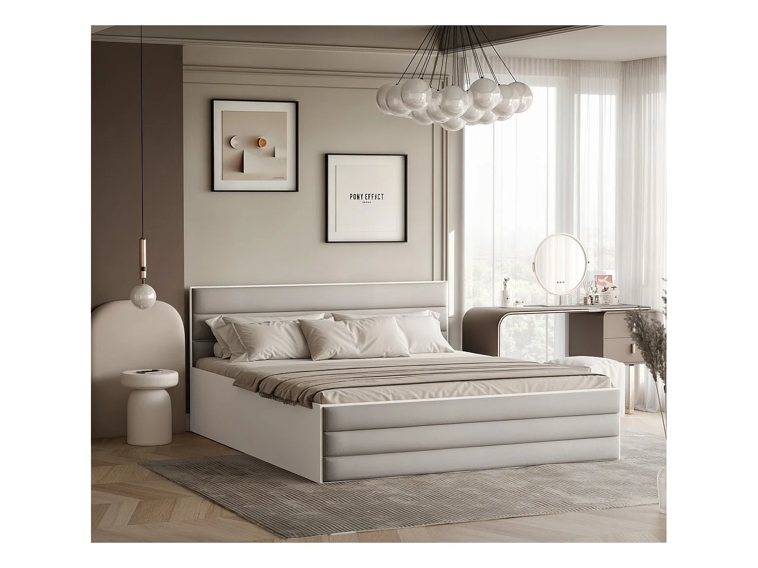 Lit tapissé VANTAGE avec coffre de rangement pour la literie | 160x200 Crème