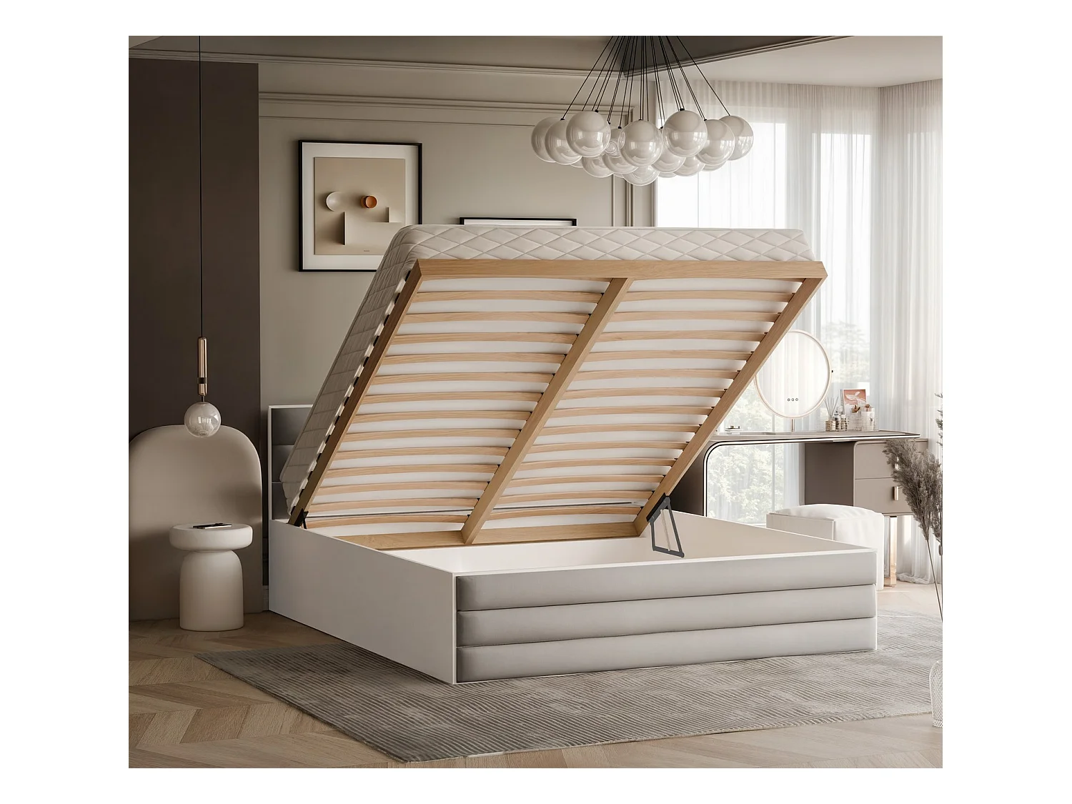 Lit tapissé VANTAGE avec coffre de rangement pour la literie | 160x200 Crème