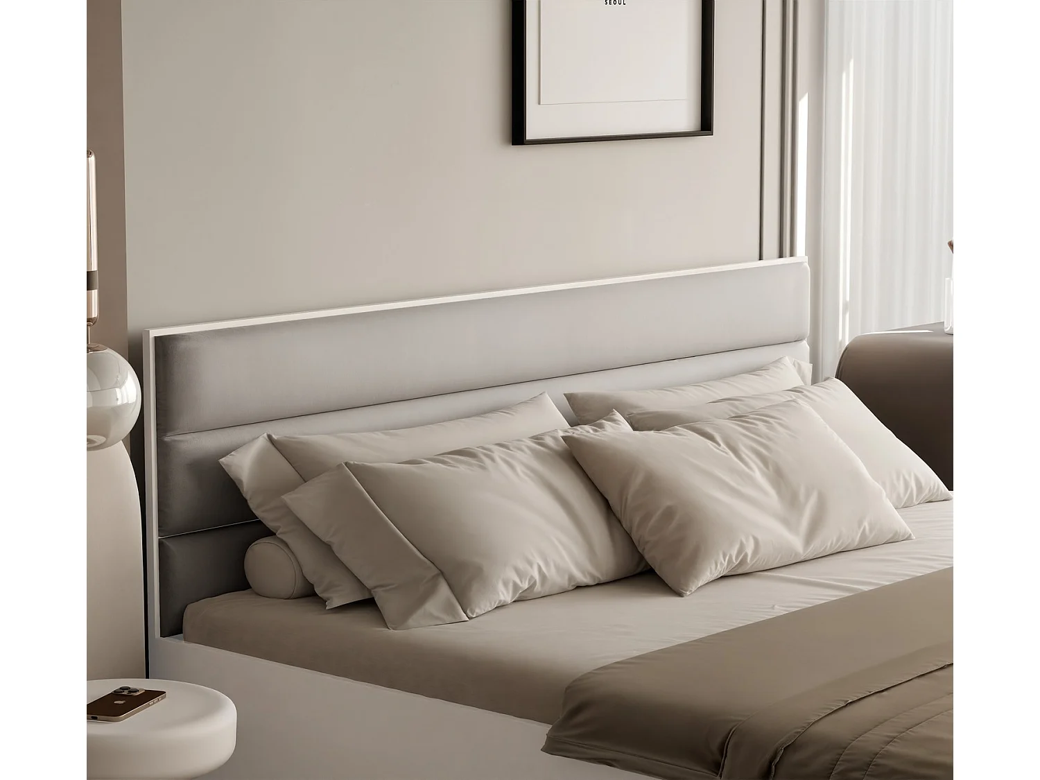 Lit tapissé VANTAGE avec coffre de rangement pour la literie | 160x200 Crème