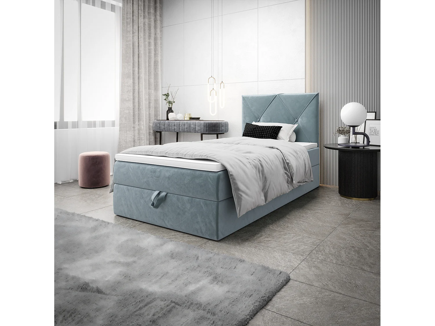 BEDANTE Lit boxspring ALTEA 80x200 Monolith 72 bleu lit coffre lit simple lit d’hôtel