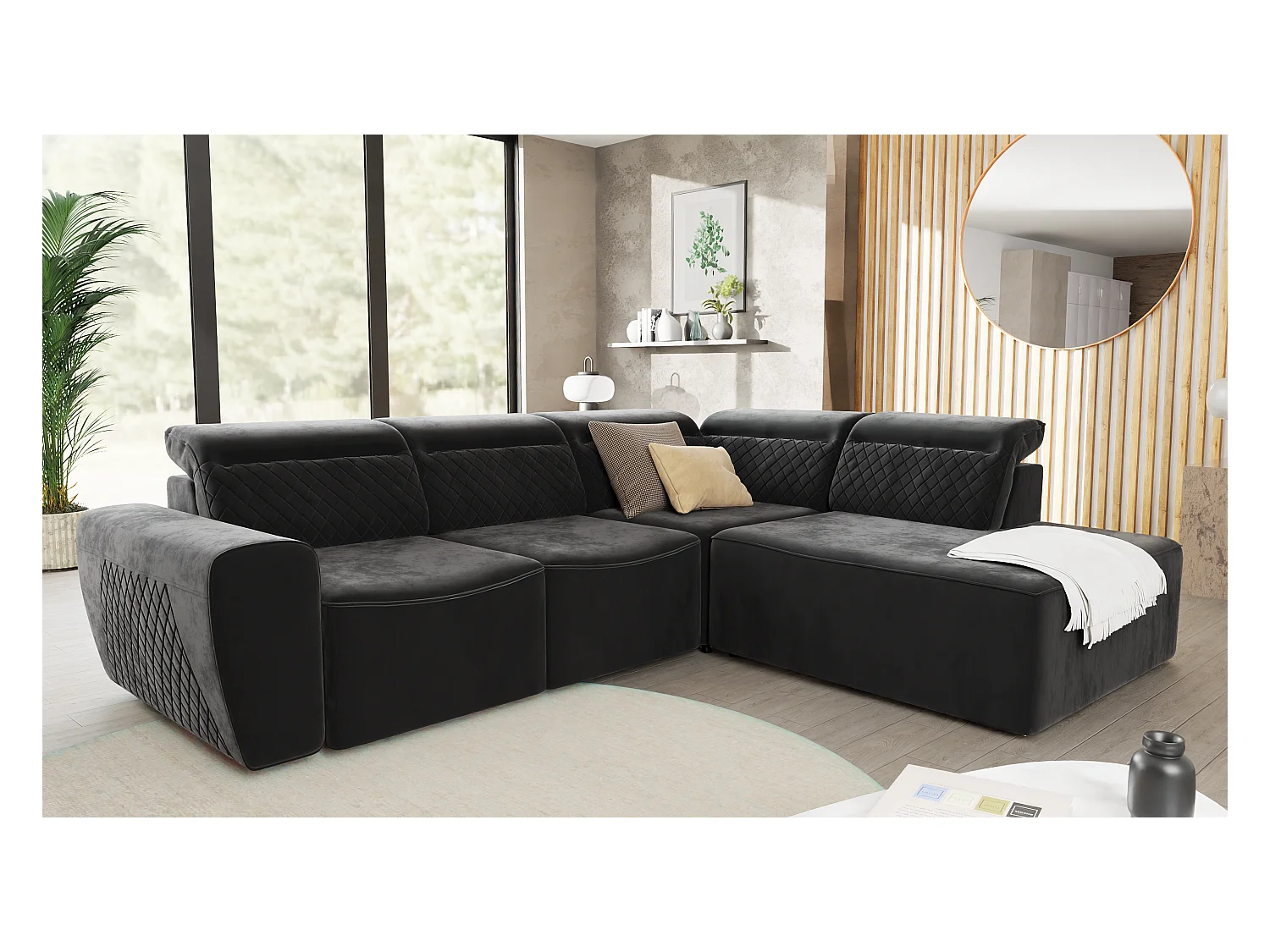 Canapé d’angle moderne avec fonction lit et coffre de rangement, en tissu velours noir, et des appuie-têtes réglables Hilda