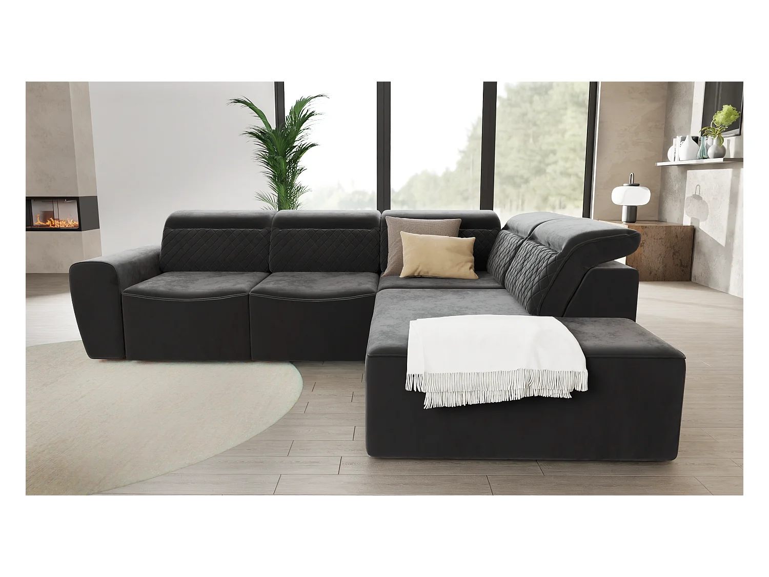 Canapé d’angle moderne avec fonction lit et coffre de rangement, en tissu velours noir, et des appuie-têtes réglables Hilda