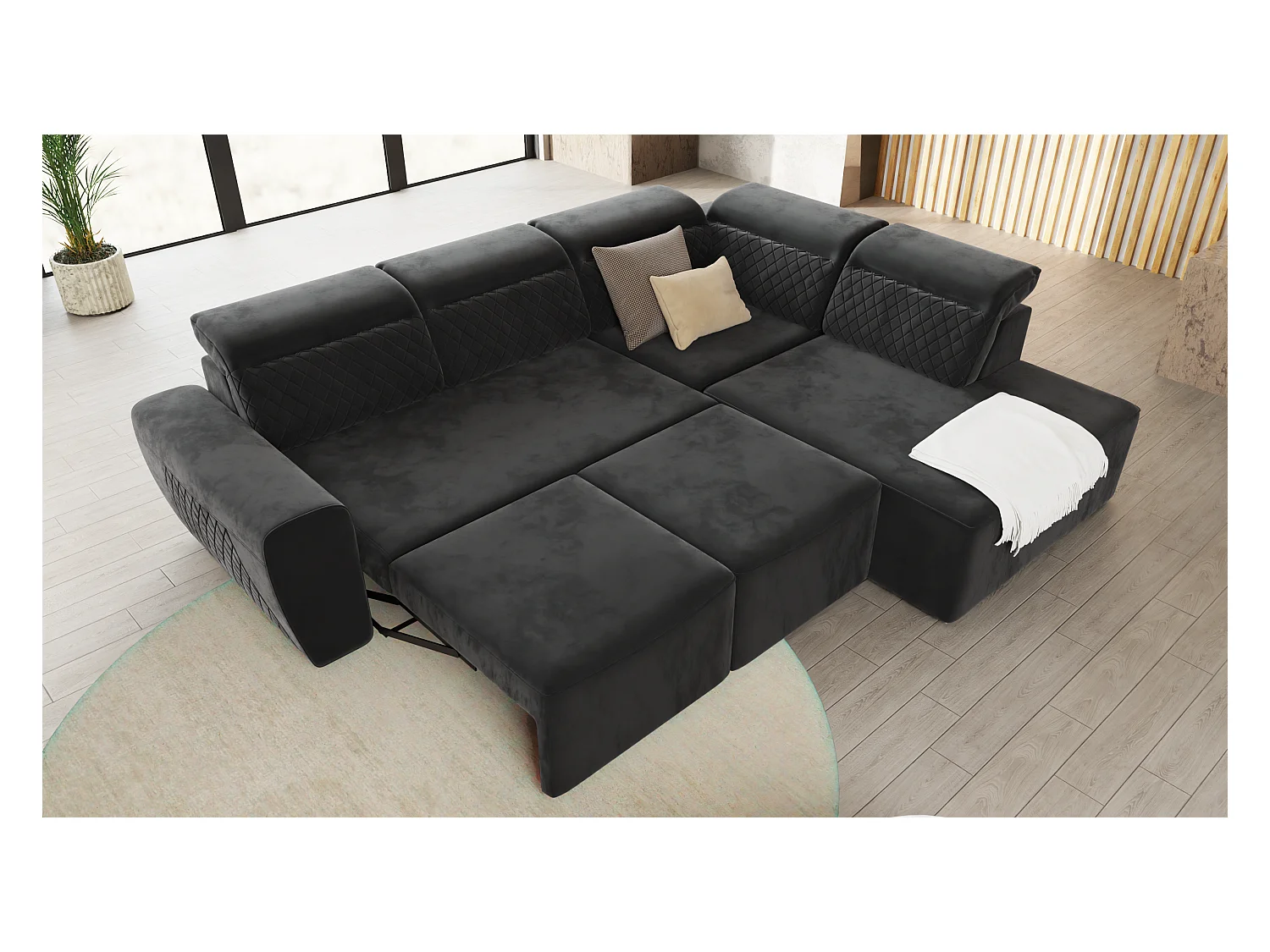 Canapé d’angle moderne avec fonction lit et coffre de rangement, en tissu velours noir, et des appuie-têtes réglables Hilda