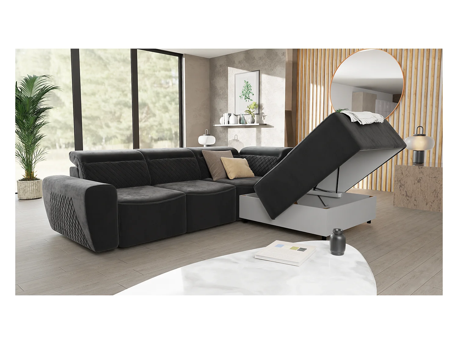 Canapé d’angle moderne avec fonction lit et coffre de rangement, en tissu velours noir, et des appuie-têtes réglables Hilda