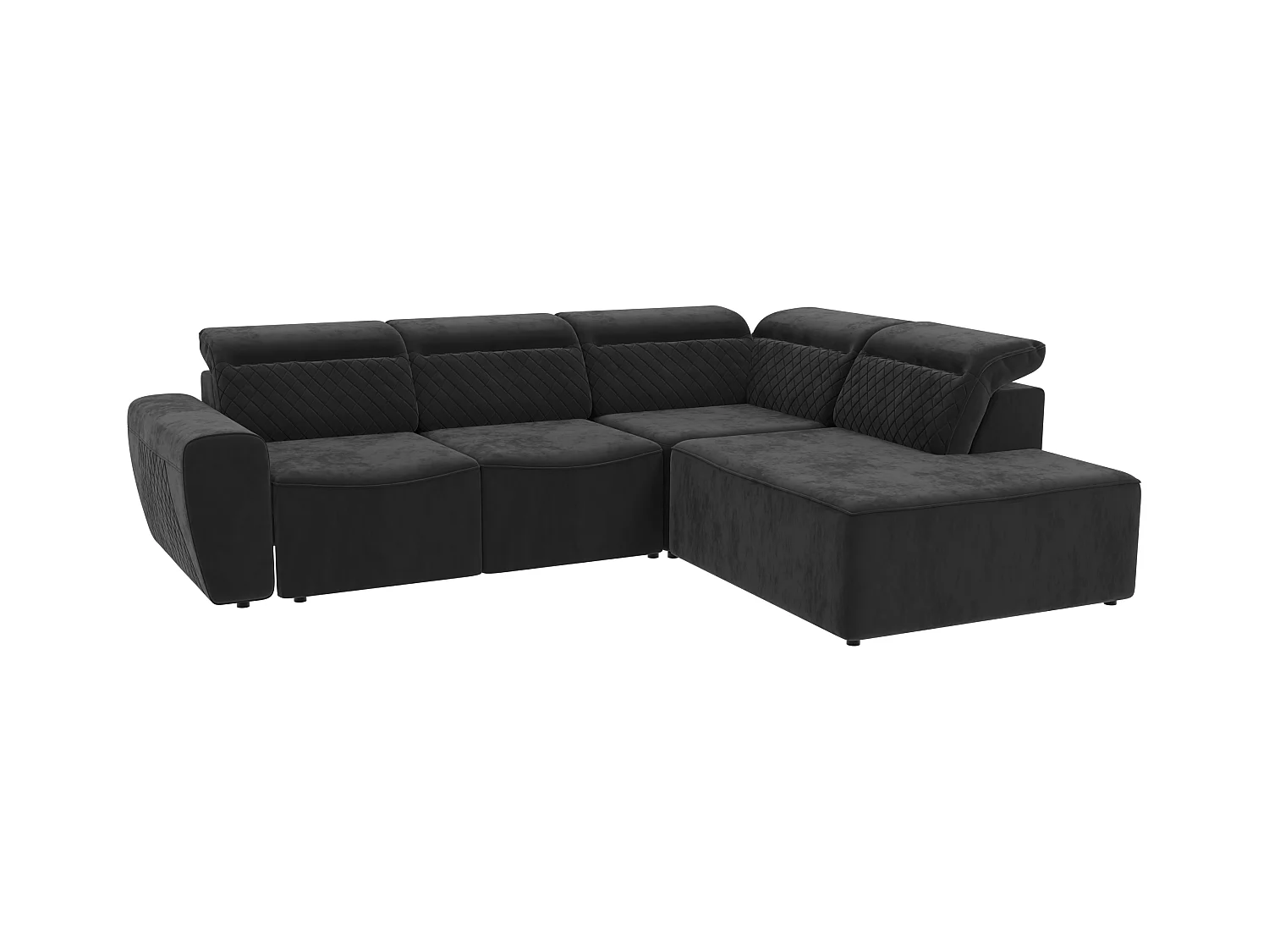 Canapé d’angle moderne avec fonction lit et coffre de rangement, en tissu velours noir, et des appuie-têtes réglables Hilda