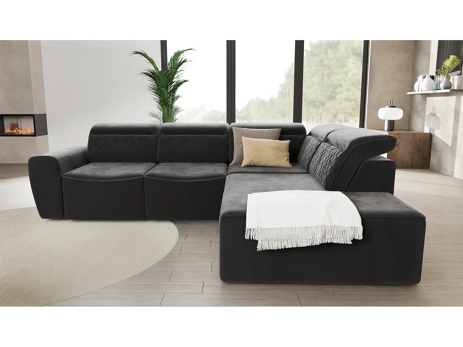 Canapé d’angle moderne avec fonction lit et coffre de rangement, en tissu velours noir, et des appuie-têtes réglables Hilda