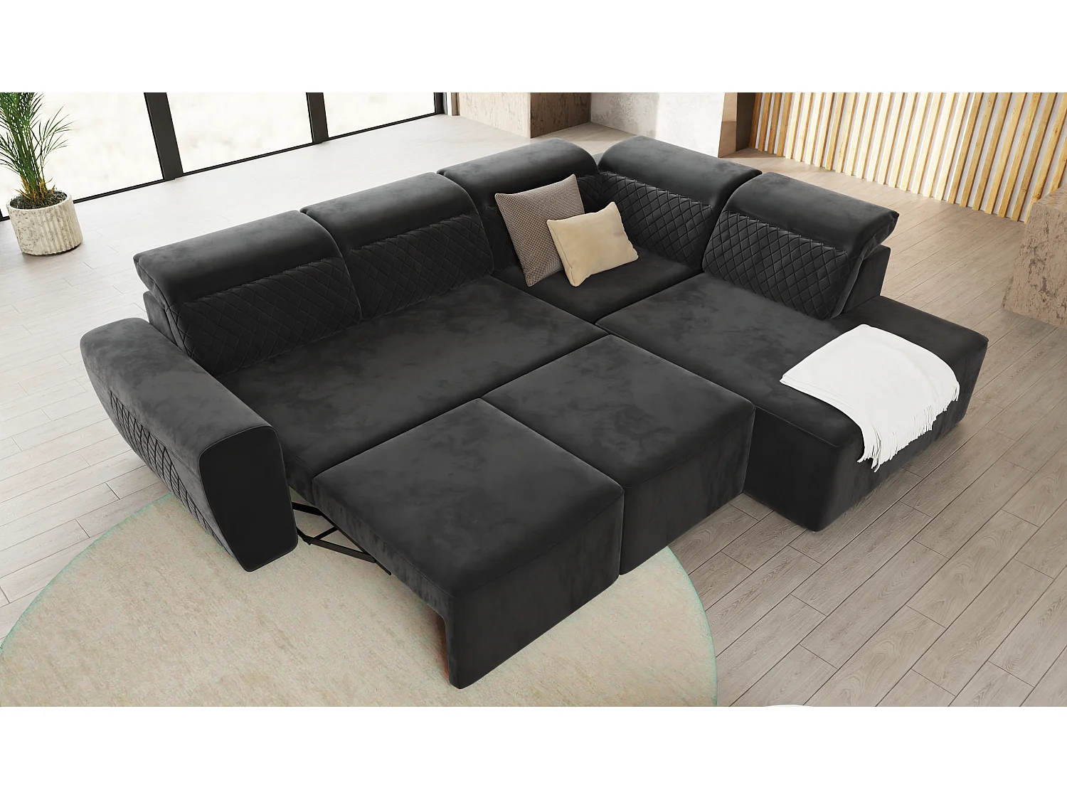 Canapé d’angle moderne avec fonction lit et coffre de rangement, en tissu velours noir, et des appuie-têtes réglables Hilda