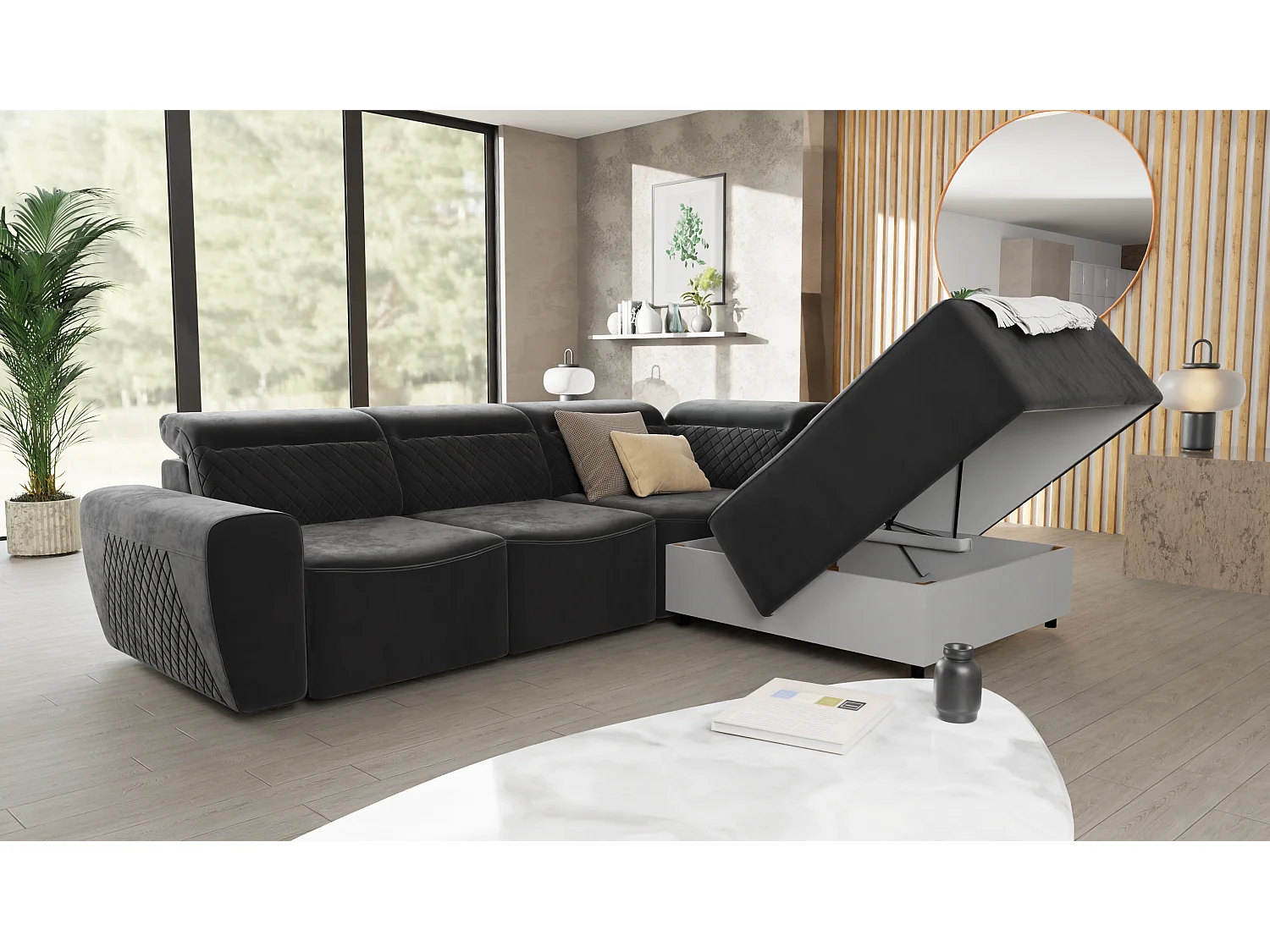 Canapé d’angle moderne avec fonction lit et coffre de rangement, en tissu velours noir, et des appuie-têtes réglables Hilda