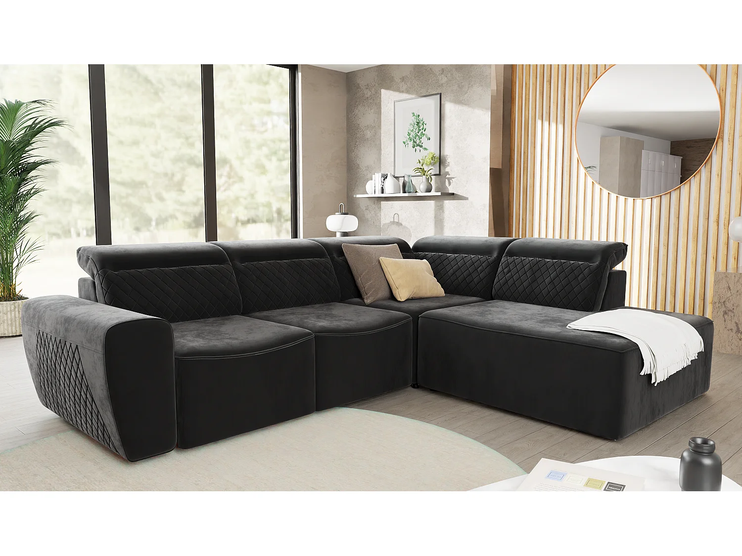 Canapé d’angle moderne avec fonction lit et coffre de rangement, en tissu velours noir, et des appuie-têtes réglables Hilda