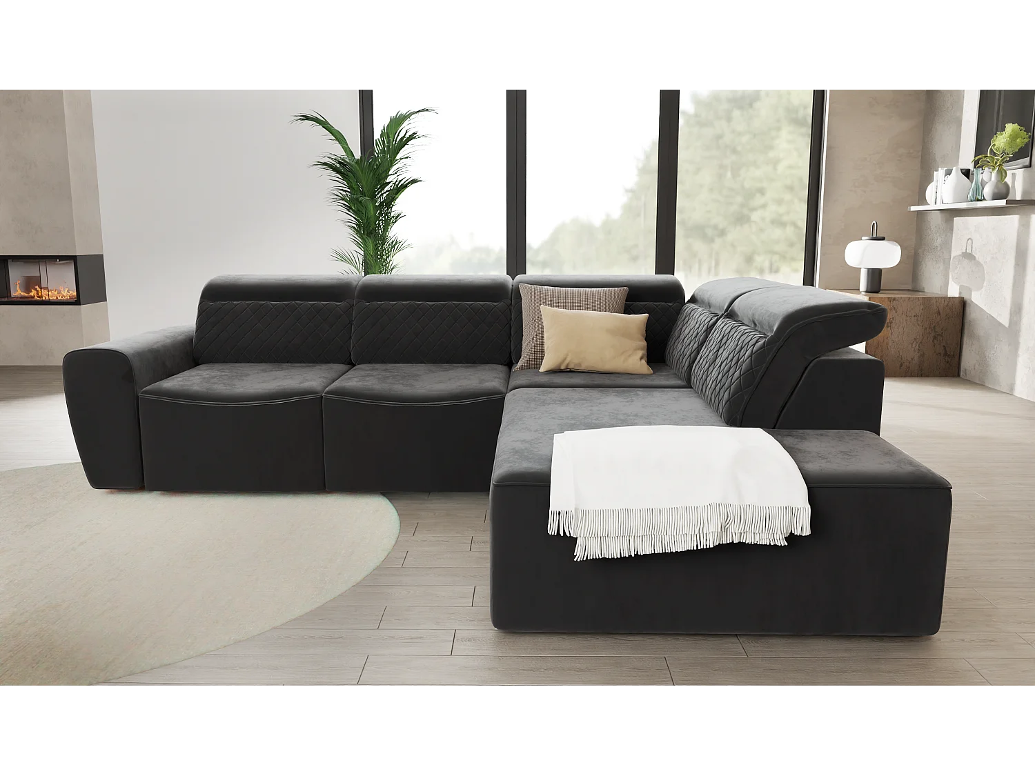 Canapé d’angle moderne avec fonction lit et coffre de rangement, en tissu velours noir, et des appuie-têtes réglables Hilda