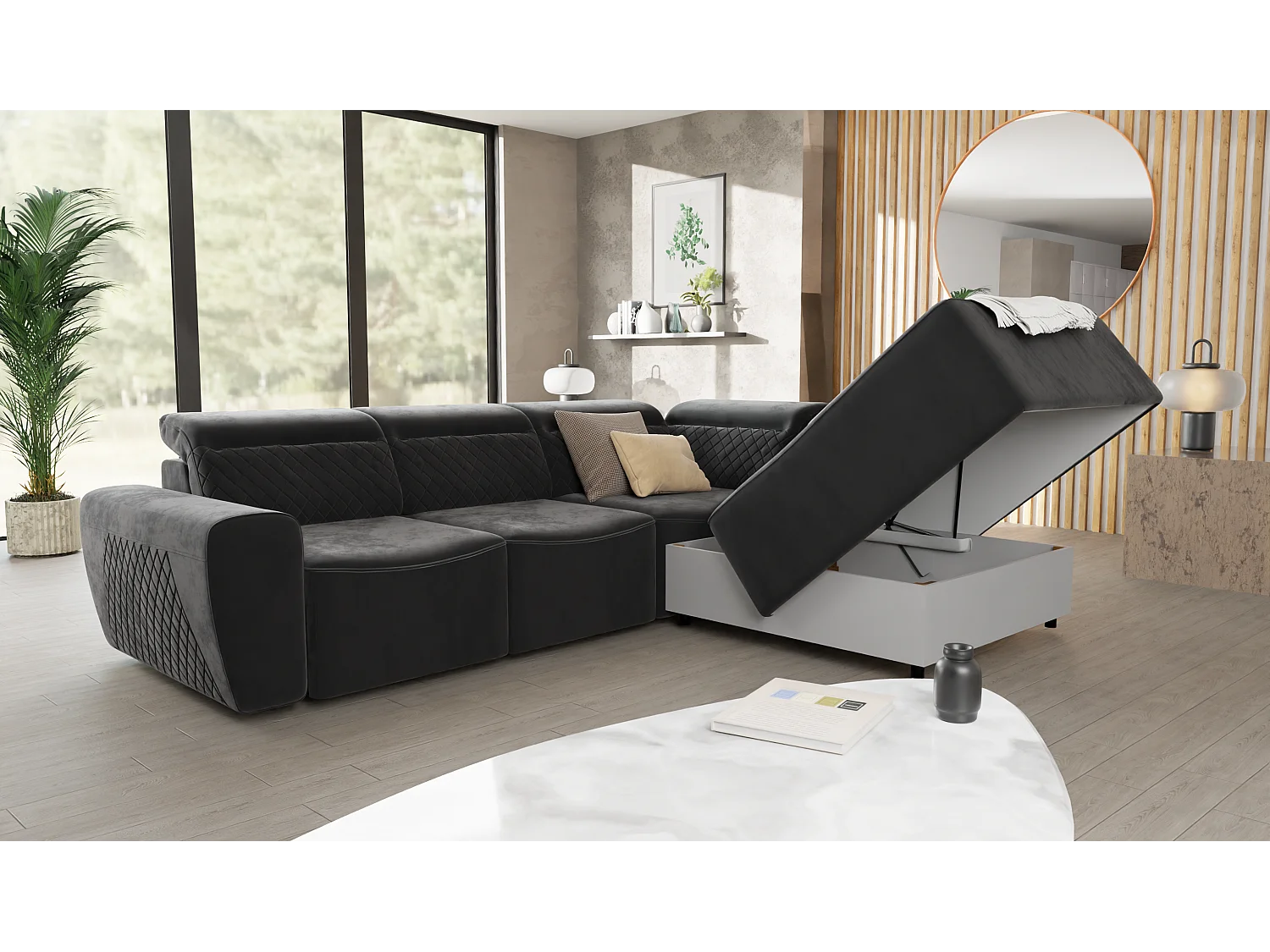 Canapé d’angle moderne avec fonction lit et coffre de rangement, en tissu velours noir, et des appuie-têtes réglables Hilda