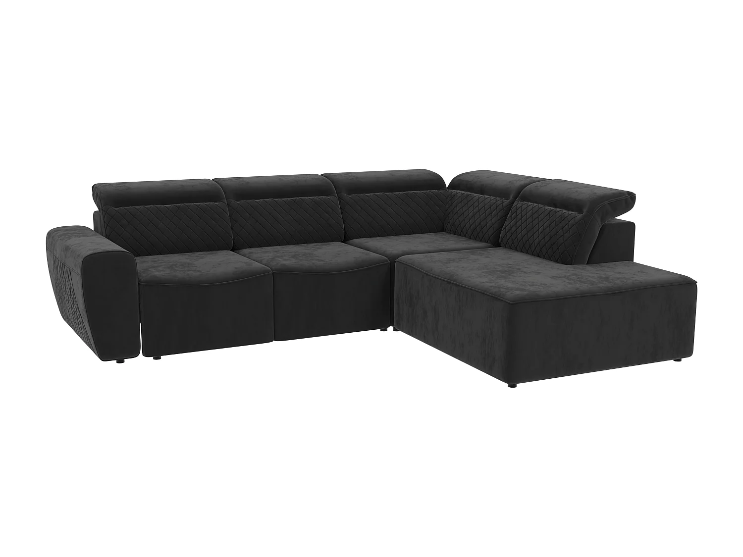 Canapé d’angle moderne avec fonction lit et coffre de rangement, en tissu velours noir, et des appuie-têtes réglables Hilda