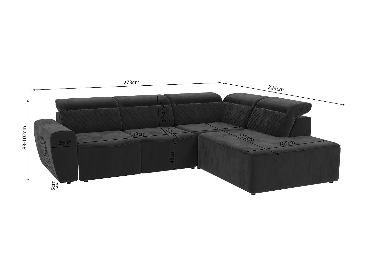 Canapé d’angle moderne avec fonction lit et coffre de rangement, en tissu velours noir, et des appuie-têtes réglables Hilda