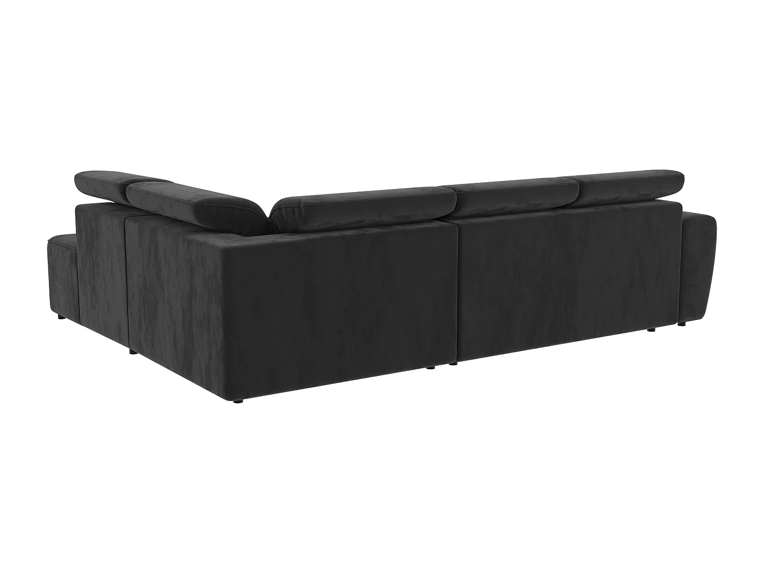 Canapé d’angle moderne avec fonction lit et coffre de rangement, en tissu velours noir, et des appuie-têtes réglables Hilda