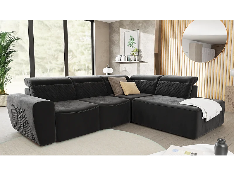 Canapé d’angle moderne avec fonction lit et coffre de rangement, en tissu velours noir, et des appuie-têtes réglables Hilda