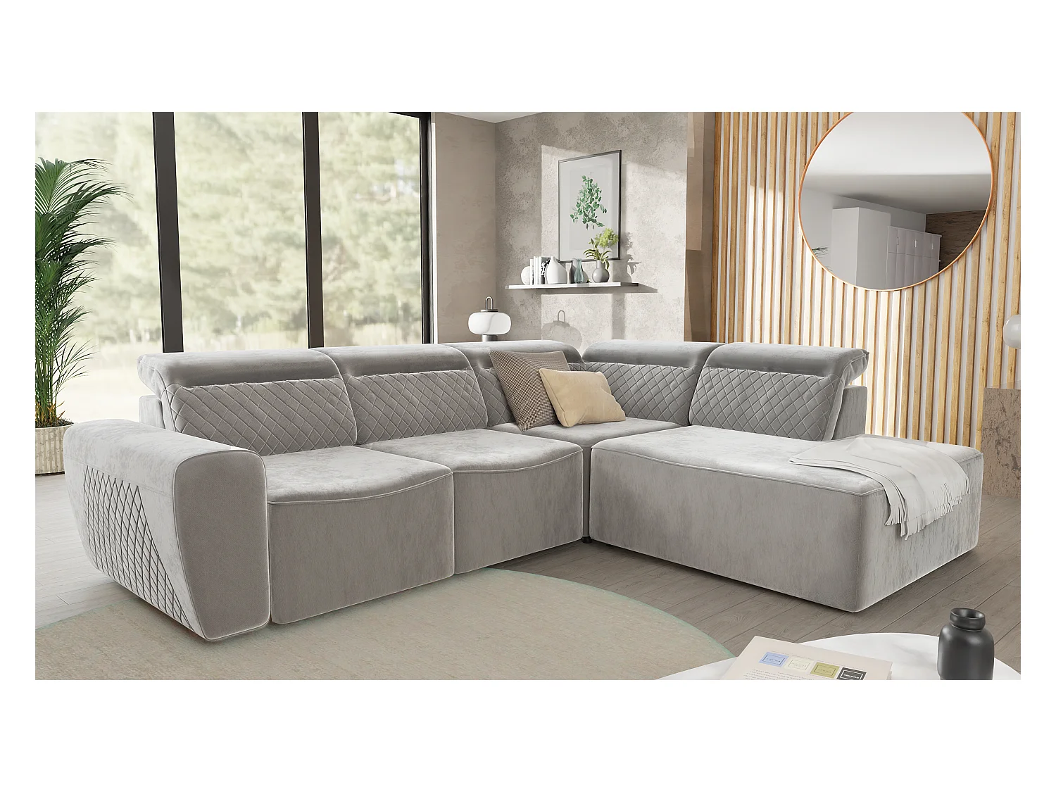 Canapé d’angle moderne avec fonction lit et coffre de rangement, en tissu velours gris, et des appuie-têtes réglables Hilda