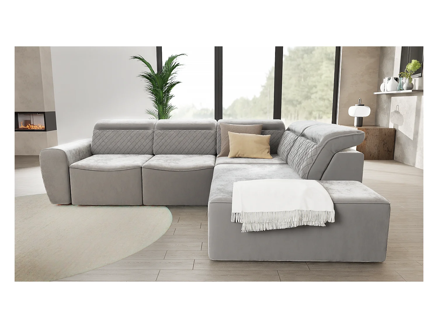 Canapé d’angle moderne avec fonction lit et coffre de rangement, en tissu velours gris, et des appuie-têtes réglables Hilda