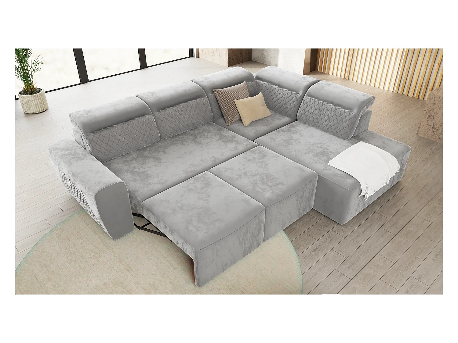 Canapé d’angle moderne avec fonction lit et coffre de rangement, en tissu velours gris, et des appuie-têtes réglables Hilda