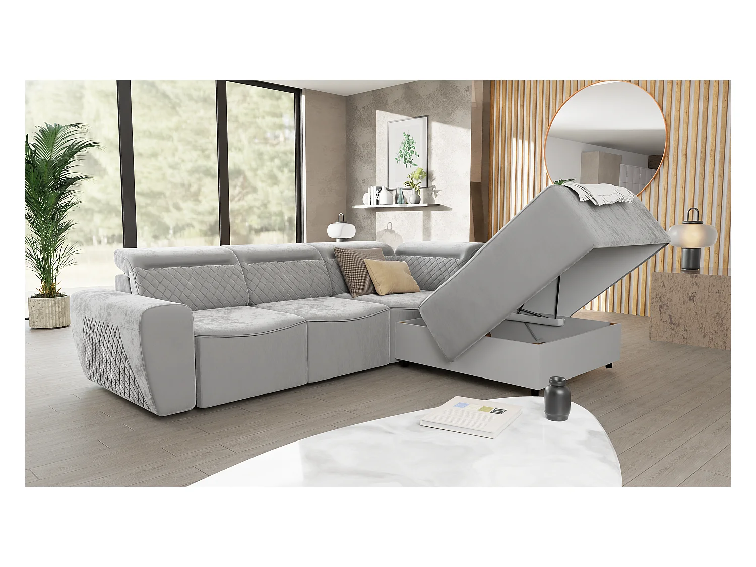 Canapé d’angle moderne avec fonction lit et coffre de rangement, en tissu velours gris, et des appuie-têtes réglables Hilda