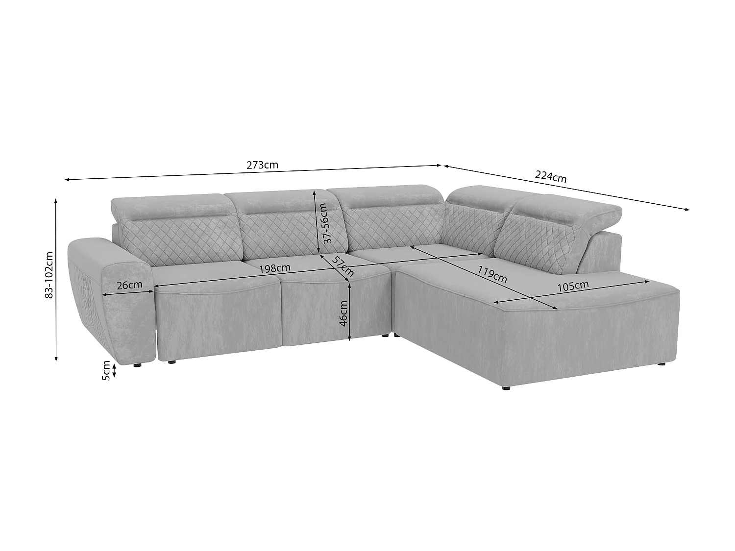 Canapé d’angle moderne avec fonction lit et coffre de rangement, en tissu velours gris, et des appuie-têtes réglables Hilda