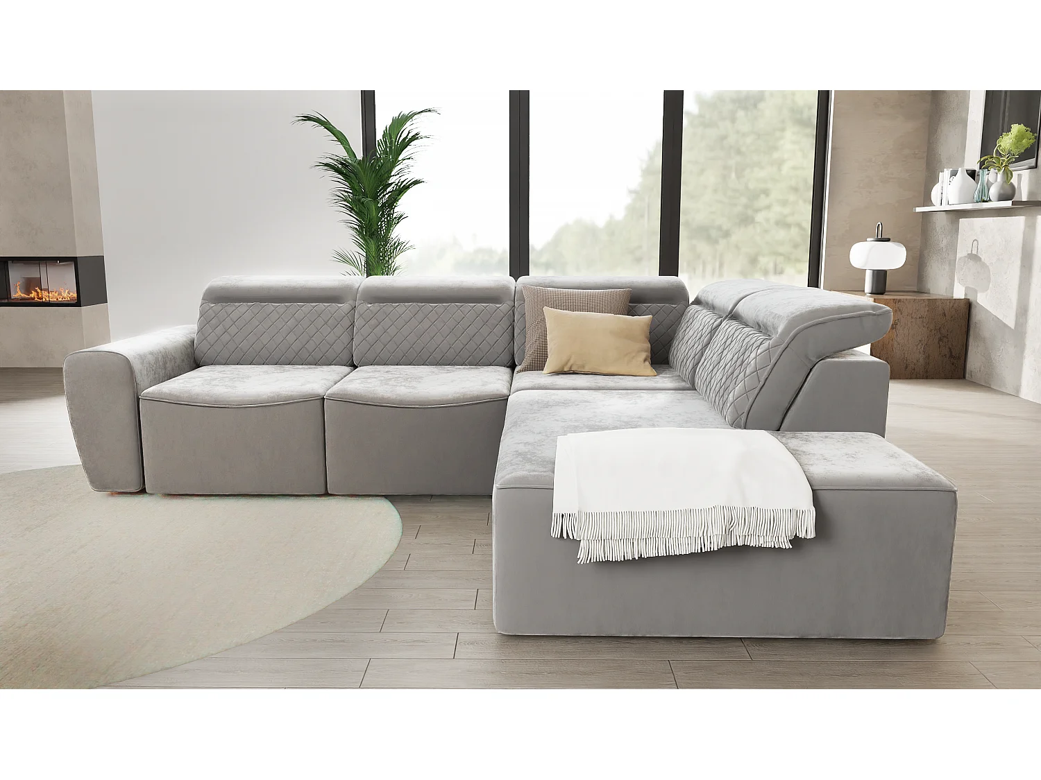 Canapé d’angle moderne avec fonction lit et coffre de rangement, en tissu velours gris, et des appuie-têtes réglables Hilda