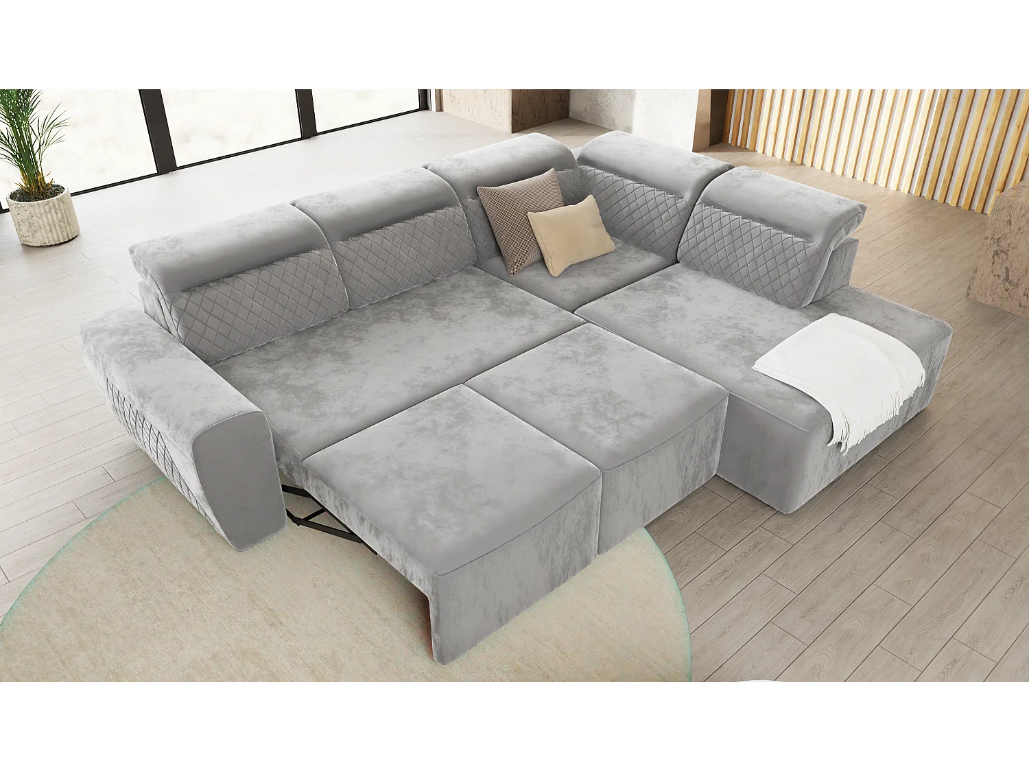 Canapé d’angle moderne avec fonction lit et coffre de rangement, en tissu velours gris, et des appuie-têtes réglables Hilda