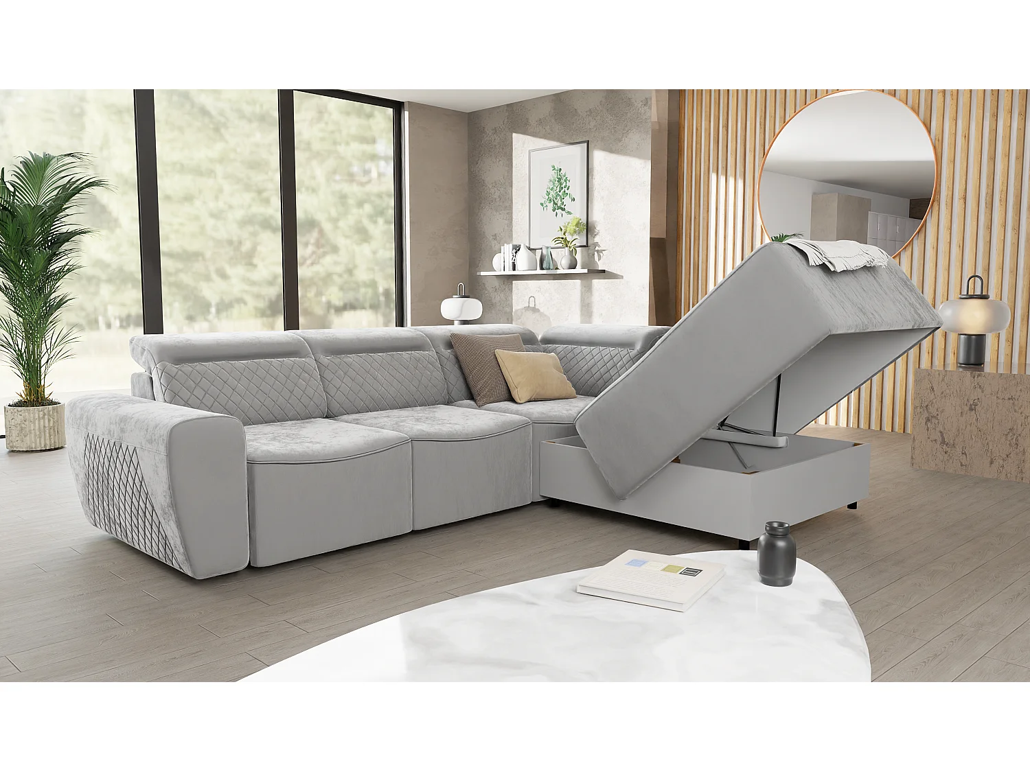 Canapé d’angle moderne avec fonction lit et coffre de rangement, en tissu velours gris, et des appuie-têtes réglables Hilda