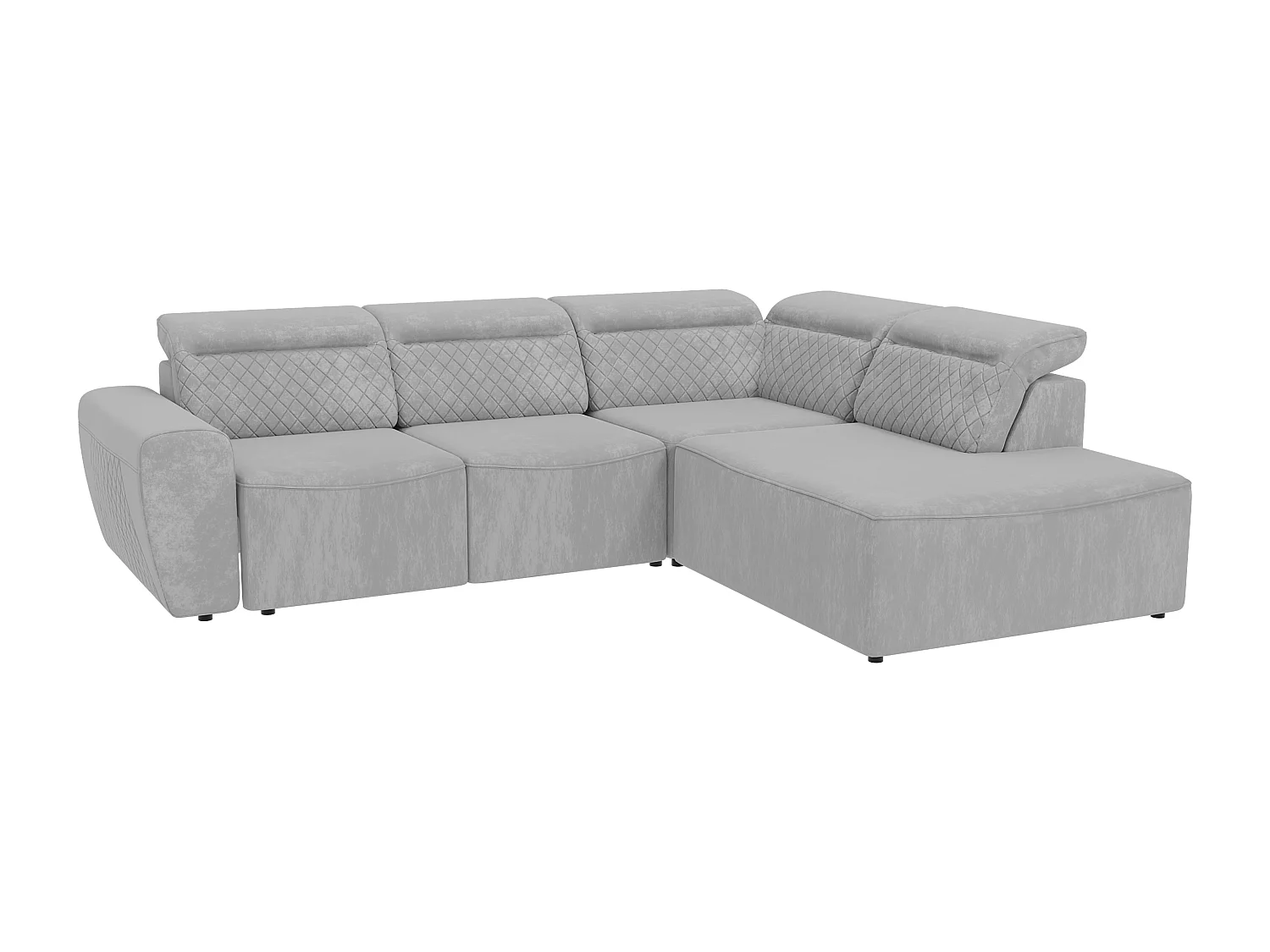 Canapé d’angle moderne avec fonction lit et coffre de rangement, en tissu velours gris, et des appuie-têtes réglables Hilda