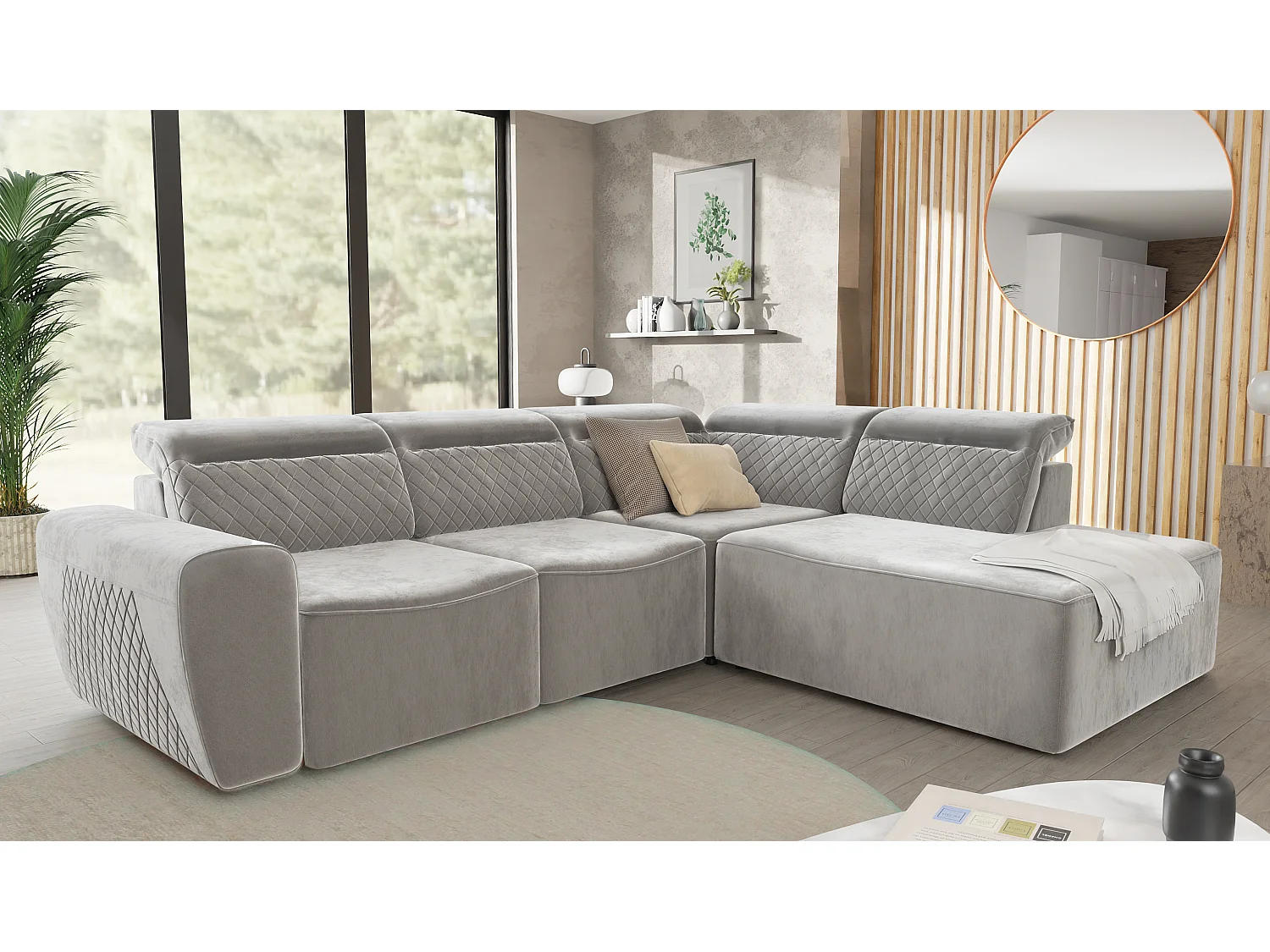 Canapé d’angle moderne avec fonction lit et coffre de rangement, en tissu velours gris, et des appuie-têtes réglables Hilda