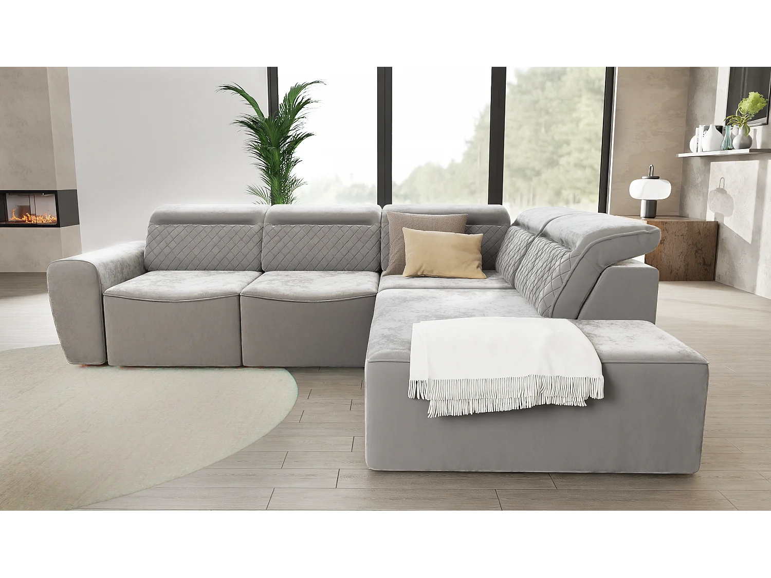 Canapé d’angle moderne avec fonction lit et coffre de rangement, en tissu velours gris, et des appuie-têtes réglables Hilda