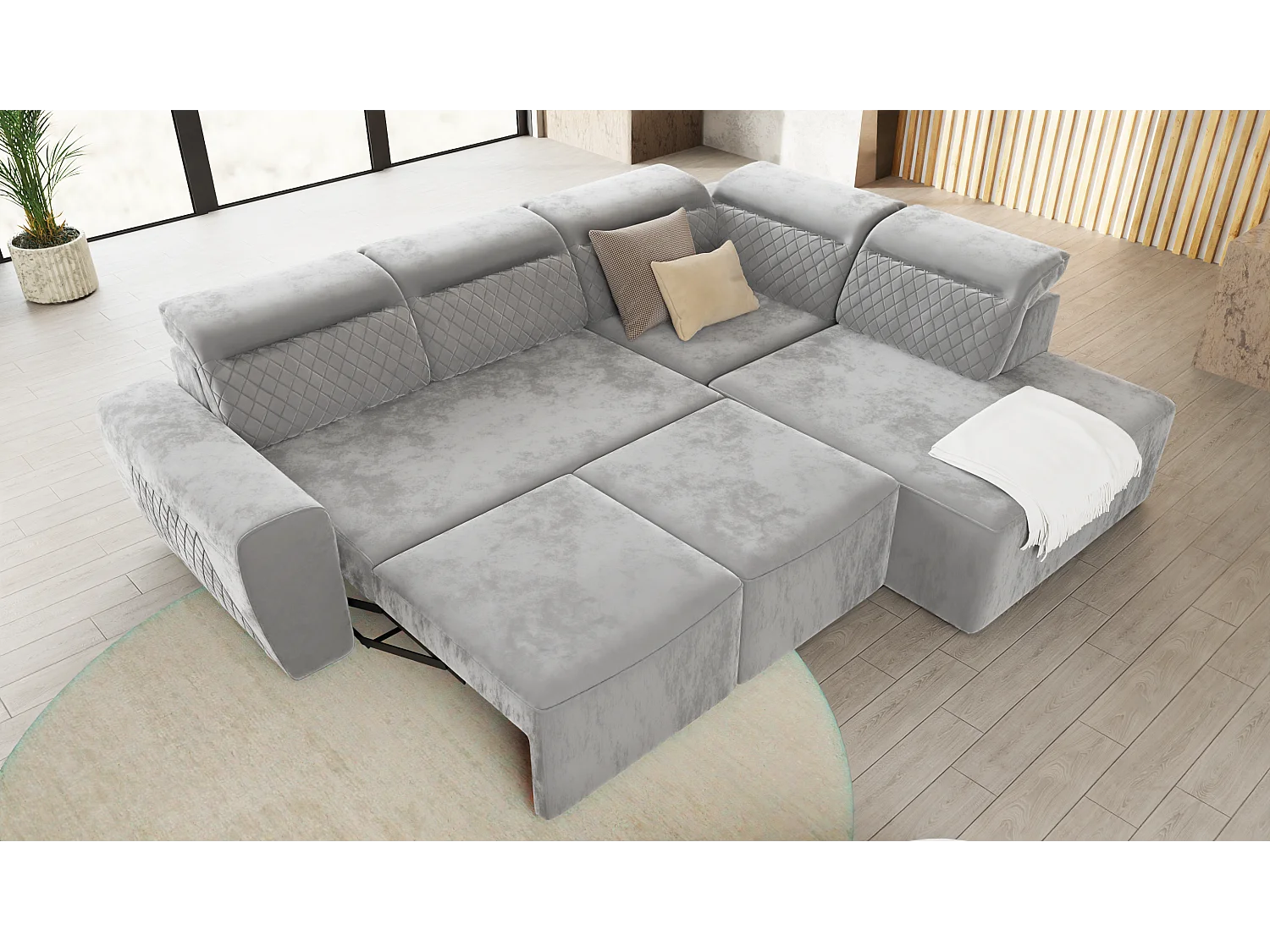 Canapé d’angle moderne avec fonction lit et coffre de rangement, en tissu velours gris, et des appuie-têtes réglables Hilda