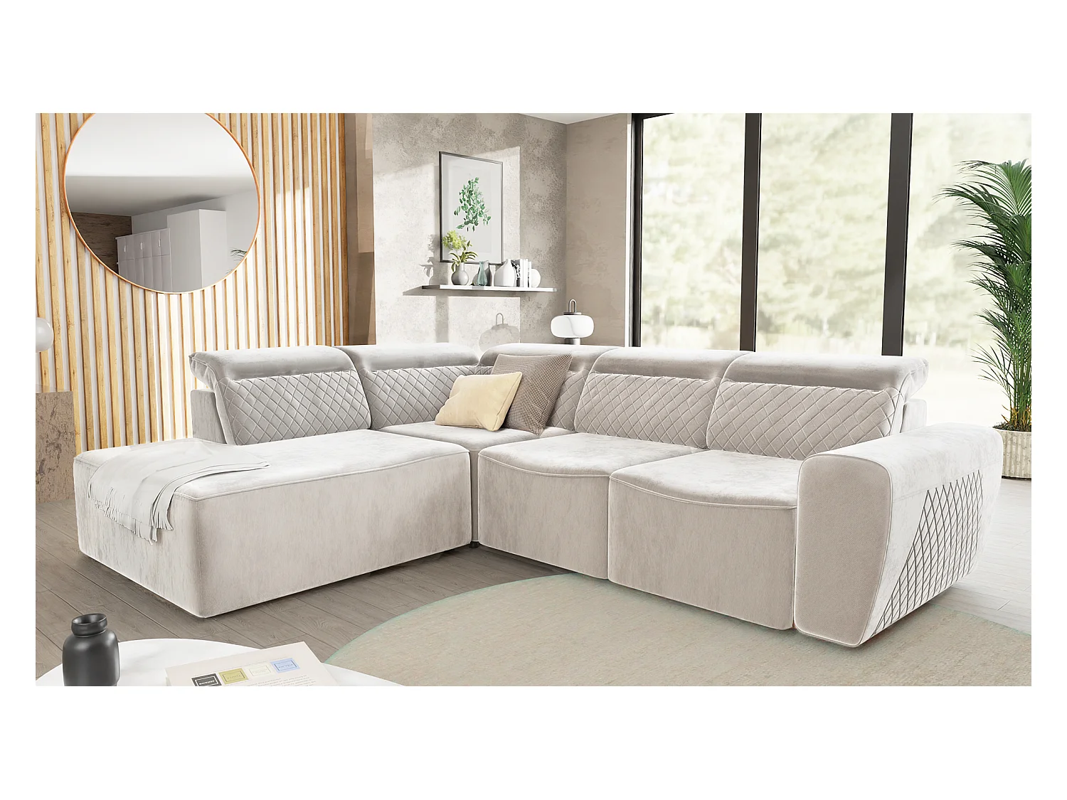 Canapé d’angle moderne avec fonction lit et coffre de rangement, en tissu velours beige, et des appuie-têtes réglables Hilda